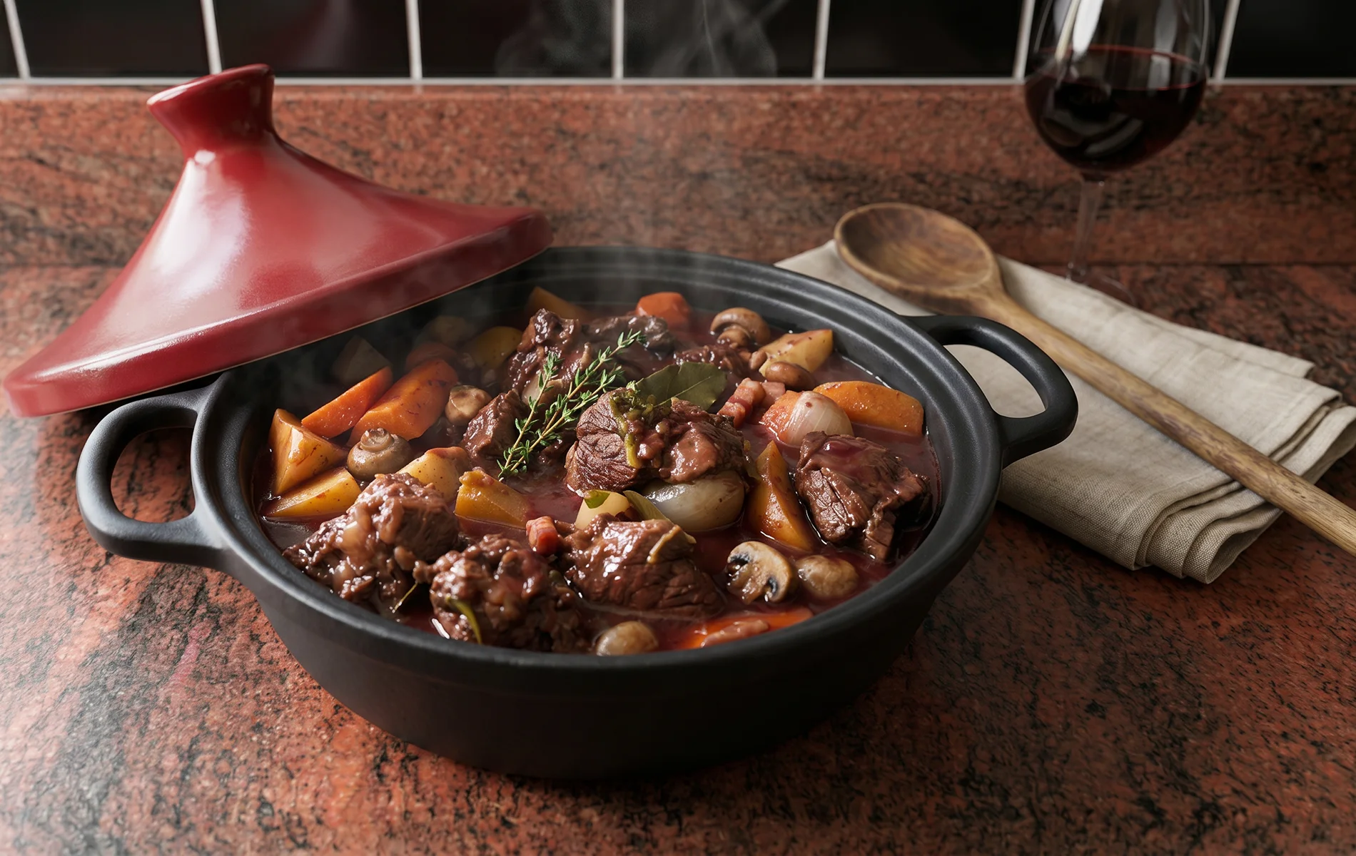 Bœuf bourguignon fumant en cocotte avec carottes et sauce au vin rouge