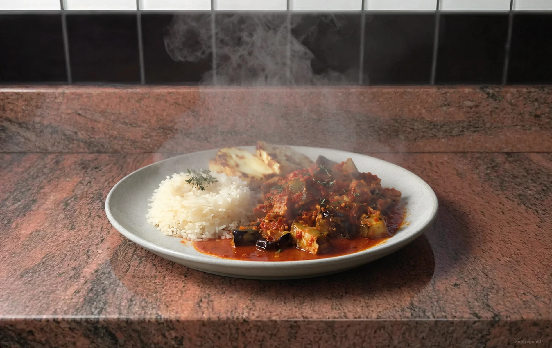Boucan&eacute; bringelle avec riz blanc.