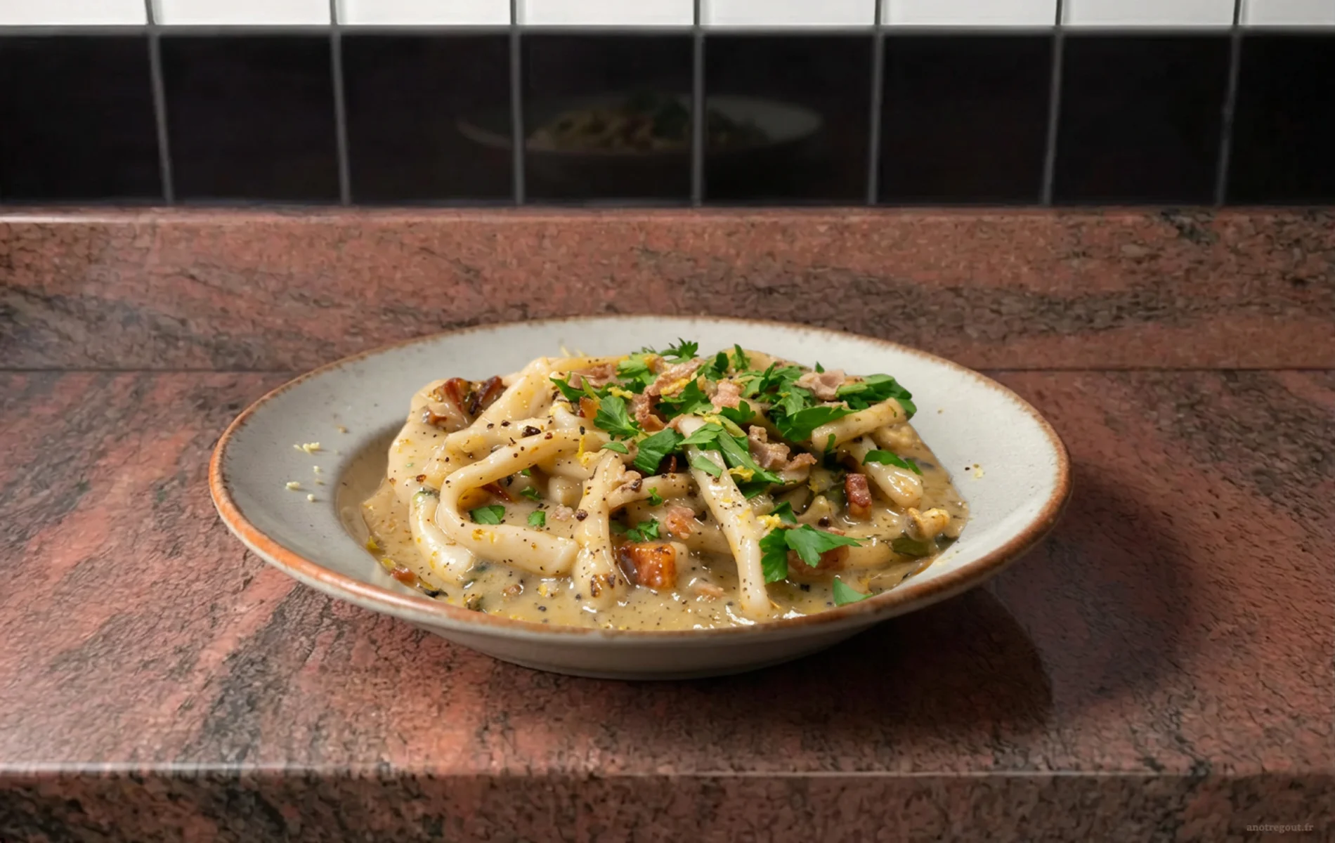 Calamars façon carbonara en sauce crémeuse avec guanciale, herbes fraîches