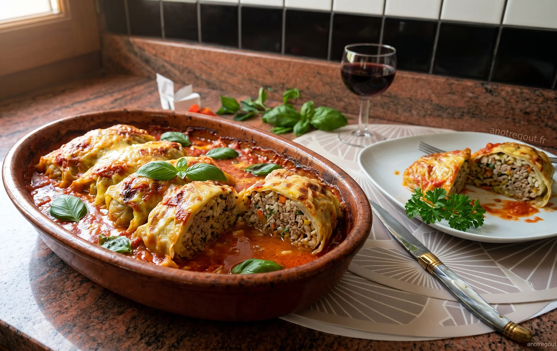 Capouns niçois gratinés à la sauce tomate dans un plat en terre cuite.