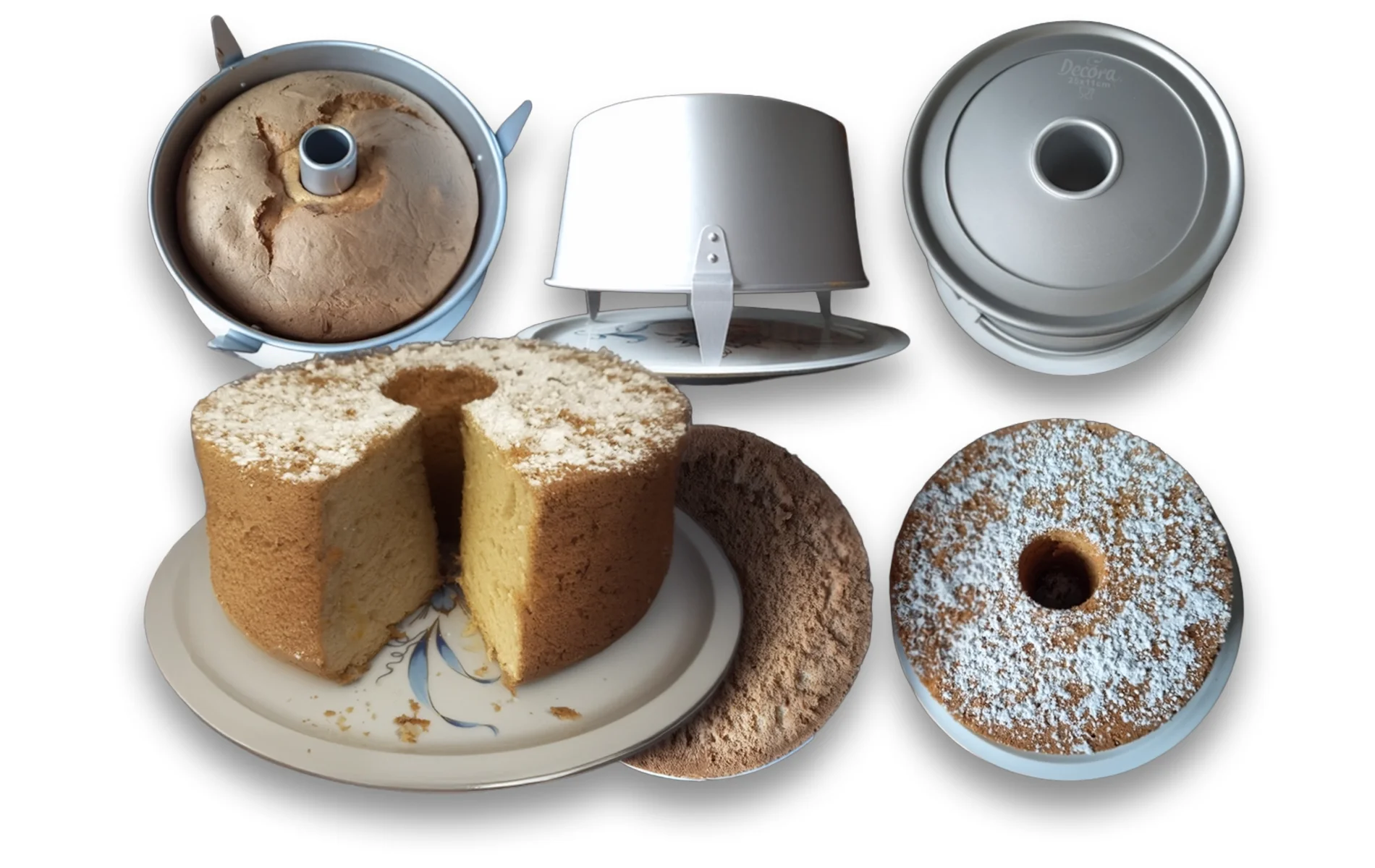 Chiffon cake maison en moule tube : cuisson, refroidissement invers&eacute;, d&eacute;moulage et g&acirc;teau final saupoudr&eacute; de sucre glace.