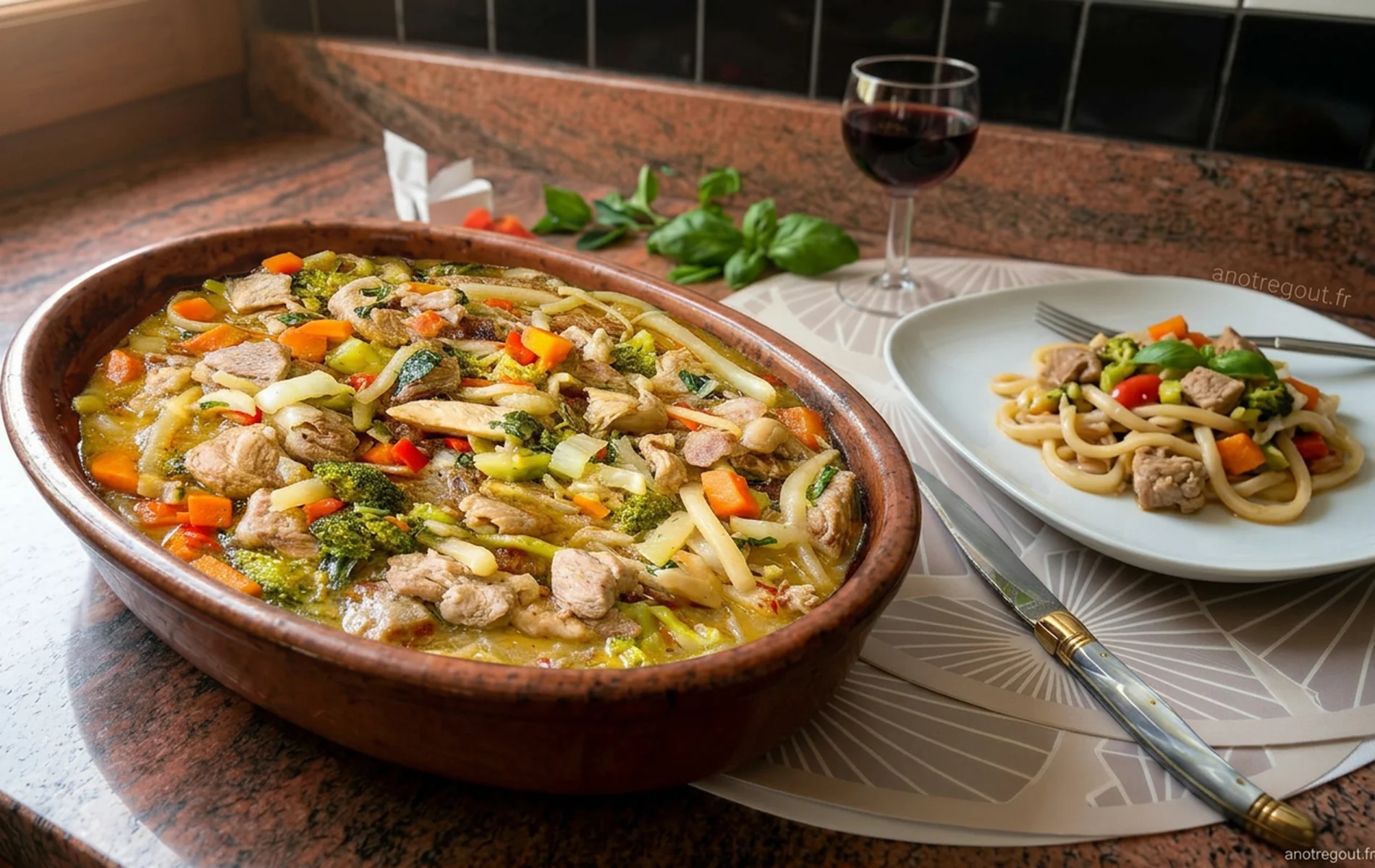 Chop suey r&eacute;unionnais au porc avec nouilles et l&eacute;gumes saut&eacute;s.