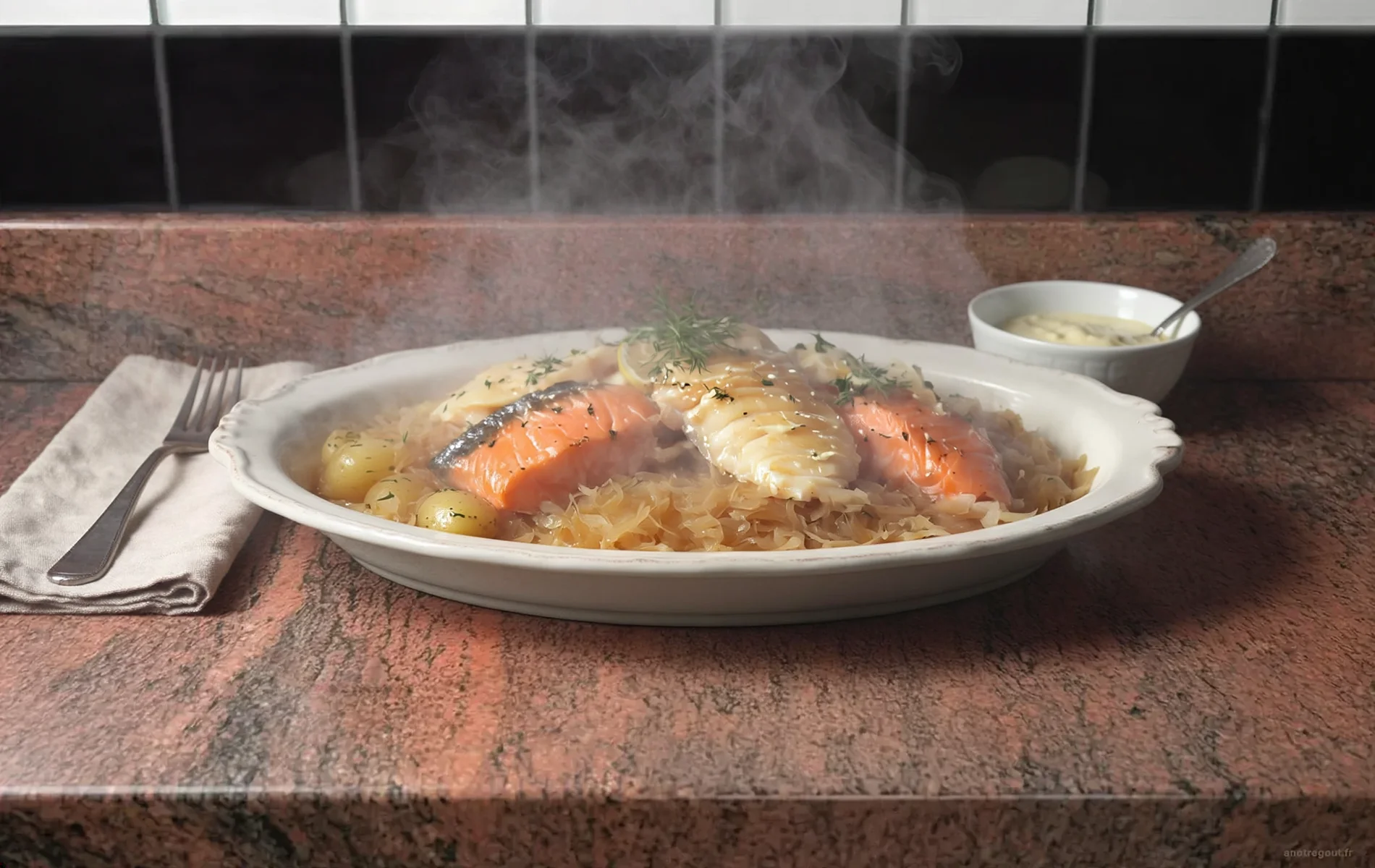 Choucroute de la mer avec saumon, poisson blanc et pommes vapeur.