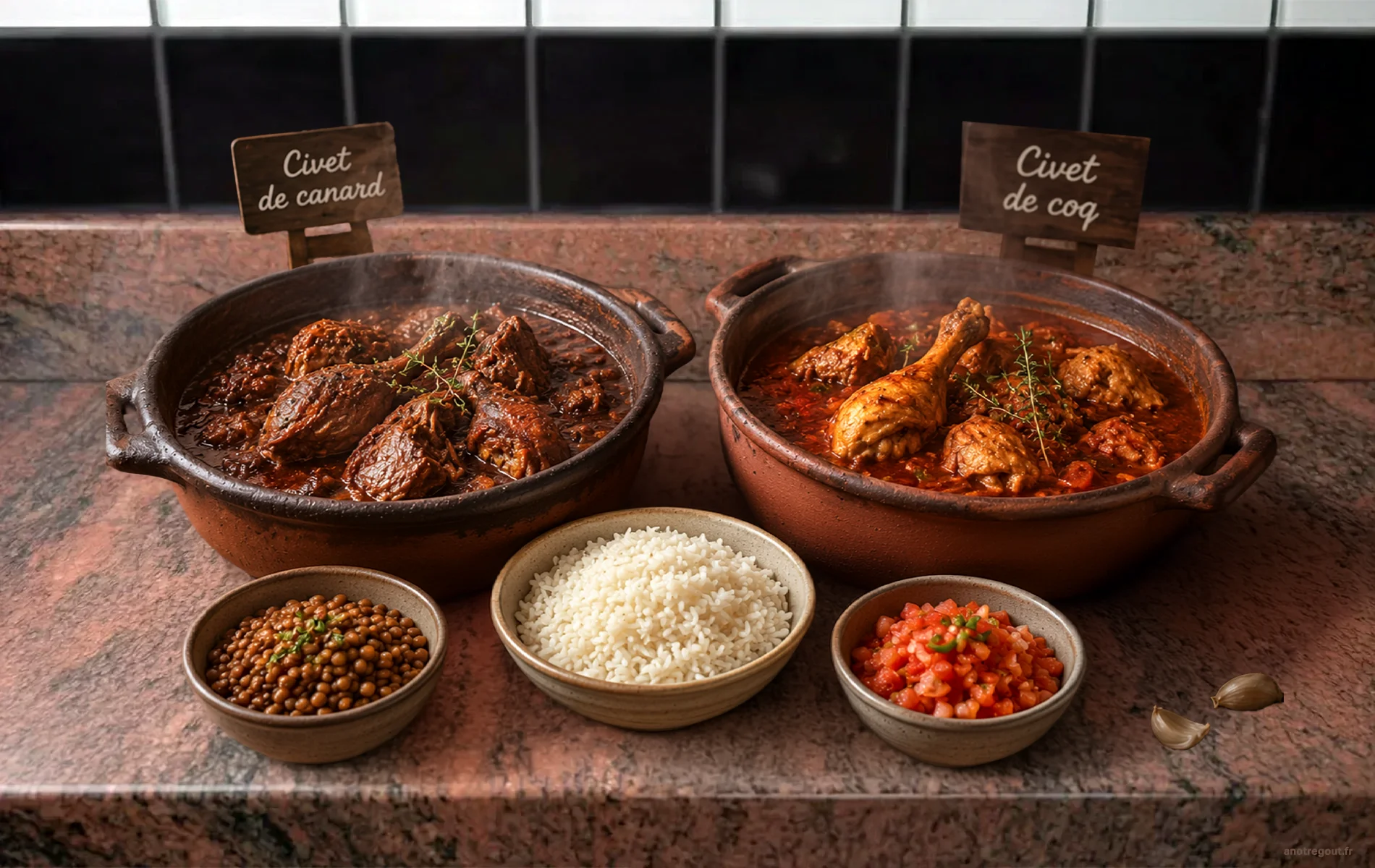 Deux cocottes de civet r&eacute;unionnais, l&rsquo;une au canard et l&rsquo;autre au coq, servies avec riz blanc, lentilles et rougail tomate.
