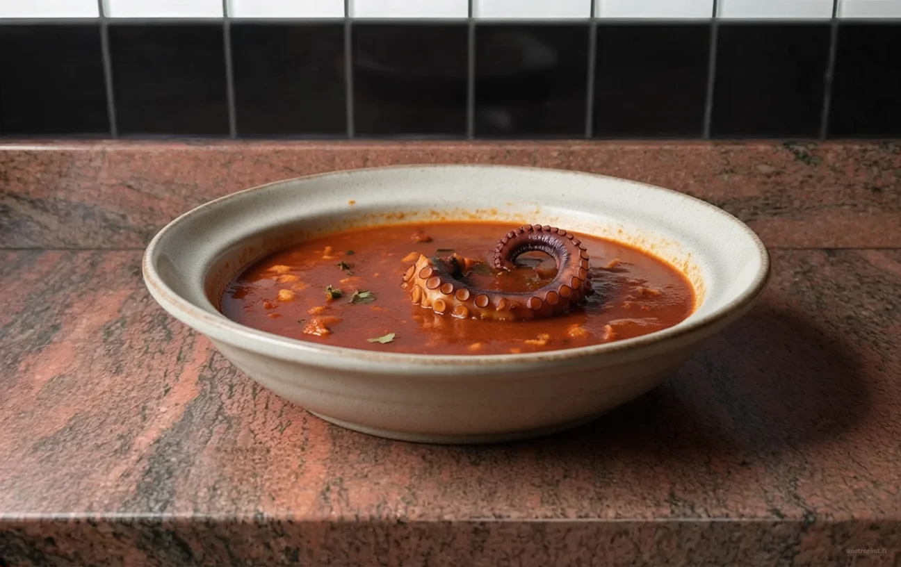 Poulpe en daube servi en assiette creuse, sauce tomate &eacute;paisse et tentacule visible