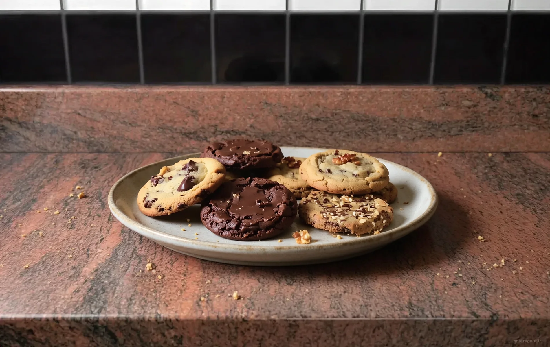 Assortiment de cookies maison aux p&eacute;pites de chocolat, aux noix et aux graines.