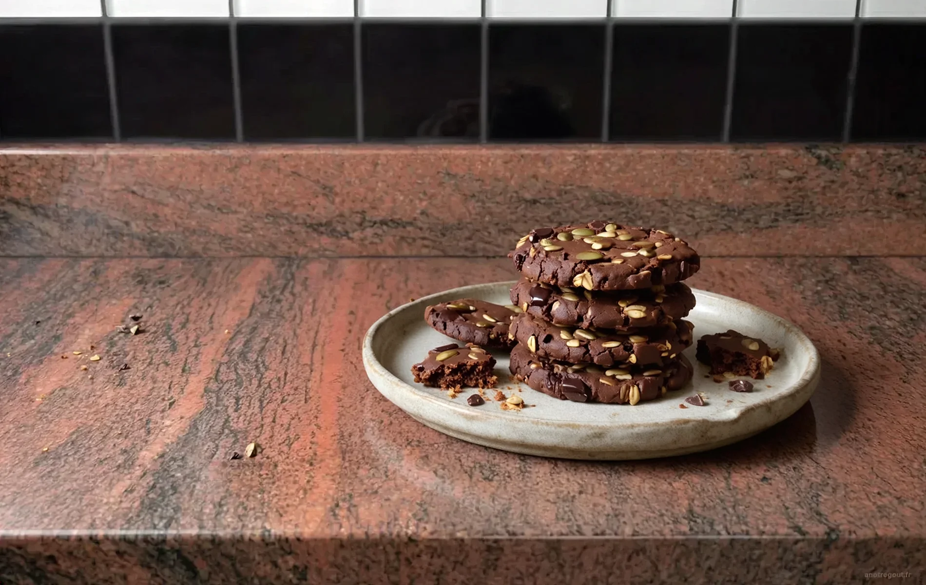 Cookies aux flocons d&rsquo;avoine, graines et chocolat noir, rustiques et dor&eacute;s, pr&eacute;sent&eacute;s sur une assiette en c&eacute;ramique.