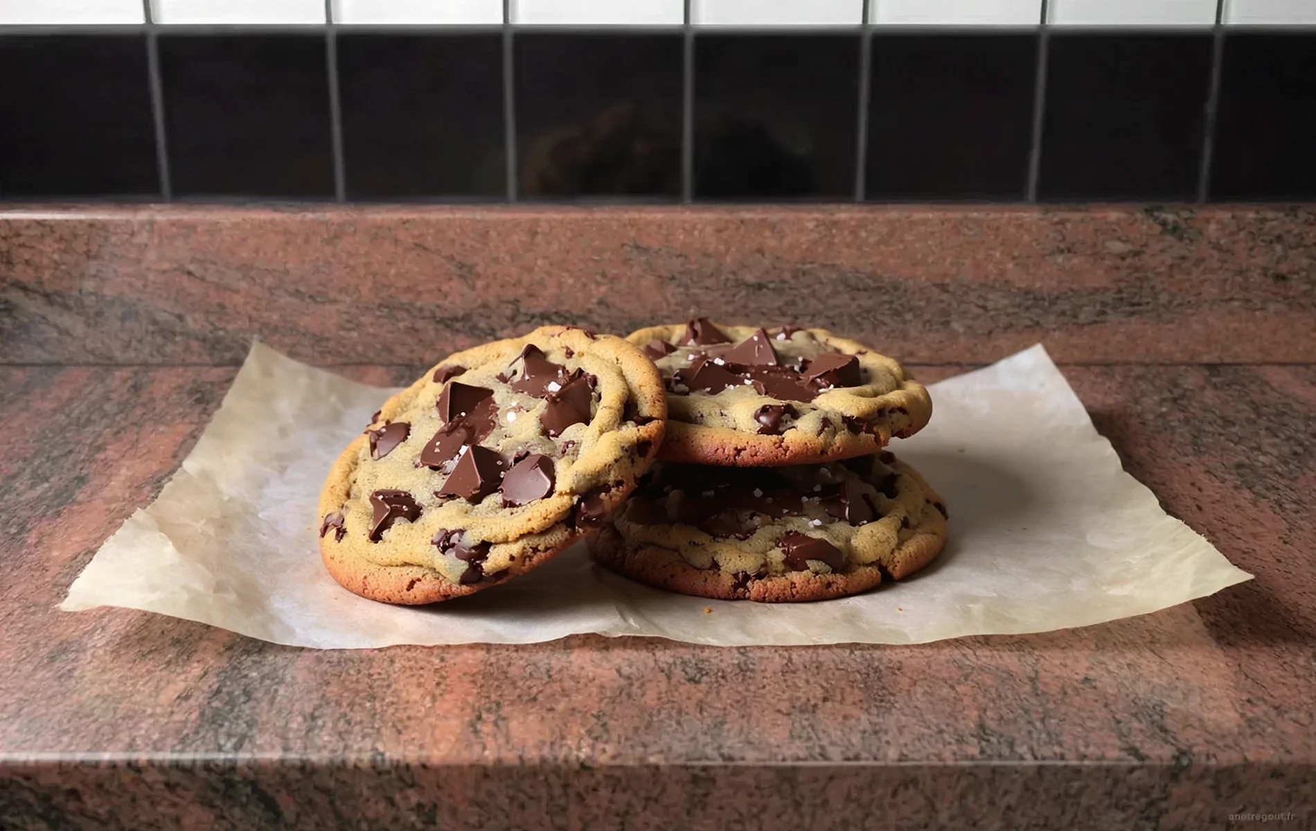 Cookies g&eacute;n&eacute;reux au chocolat noir, dor&eacute;s sur les bords et encore moelleux au centre, avec de gros morceaux de chocolat.