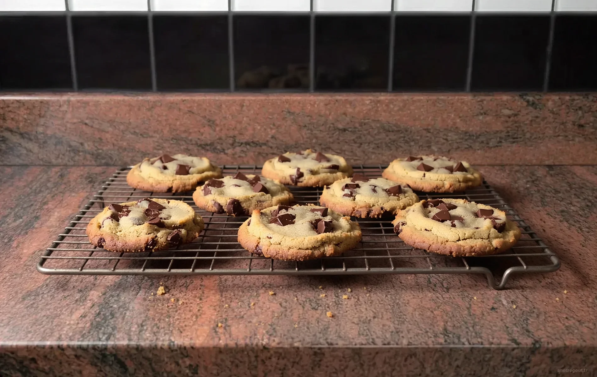Cookies sabl&eacute;s maison aux p&eacute;pites de chocolat, dor&eacute;s et l&eacute;g&egrave;rement &eacute;pais, pos&eacute;s sur une grille de refroidissement.