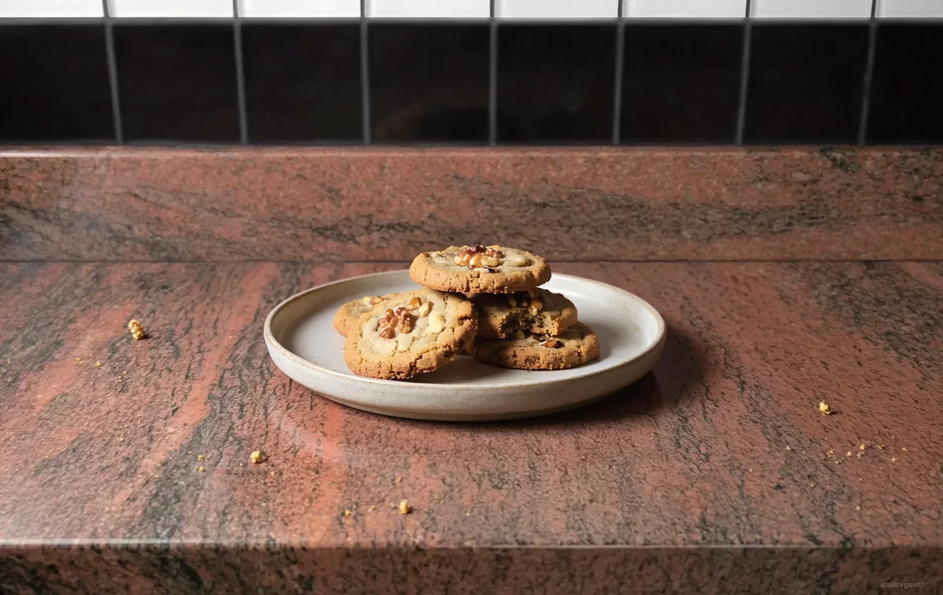 Cookies au tahin&eacute; et aux noix, l&eacute;g&egrave;rement dor&eacute;s, avec des morceaux de noix visibles et une texture sabl&eacute;e.