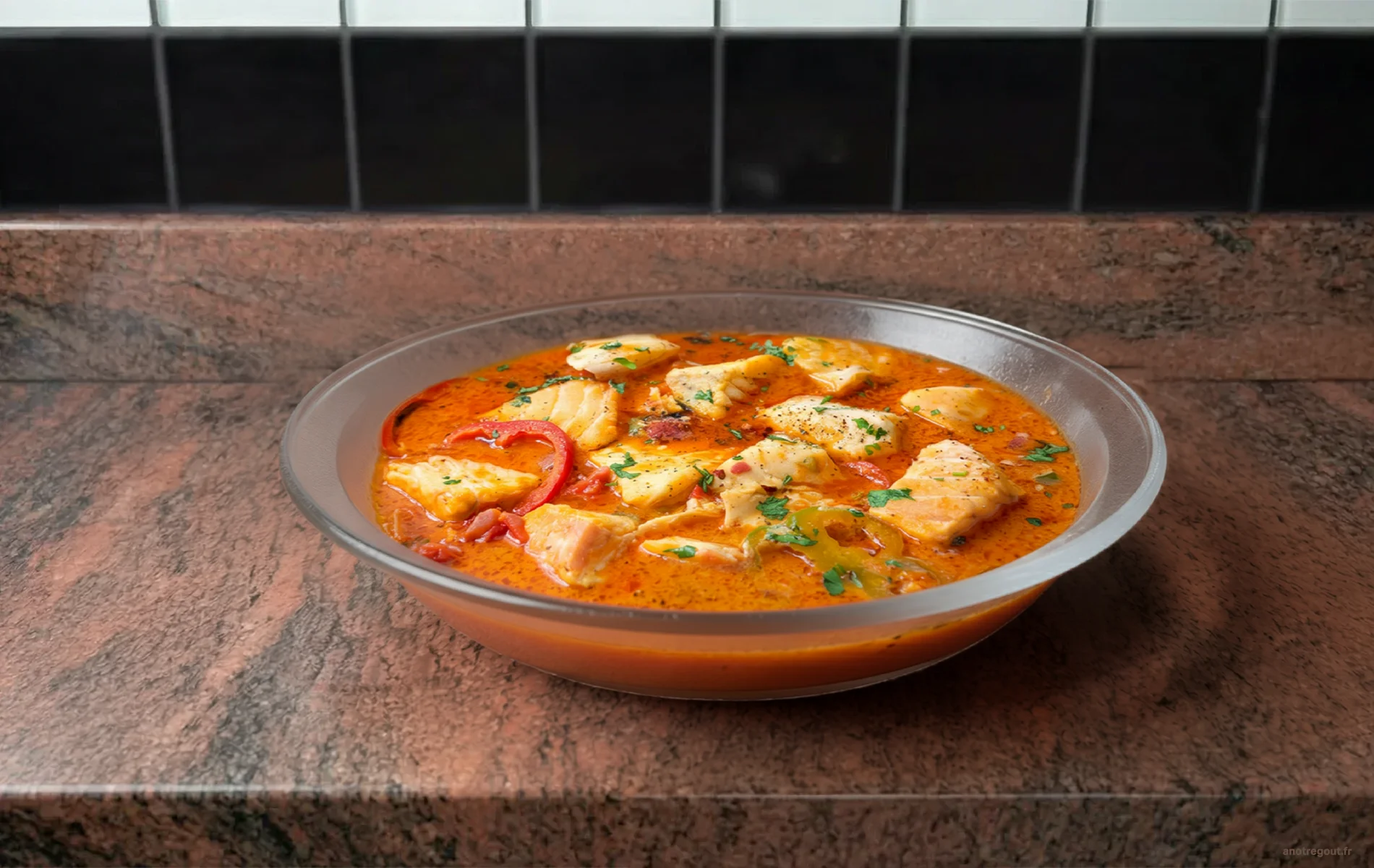 Court-bouillon de poisson antillais en assiette creuse, sauce tomate &eacute;pic&eacute;e avec morceaux de poisson et piment