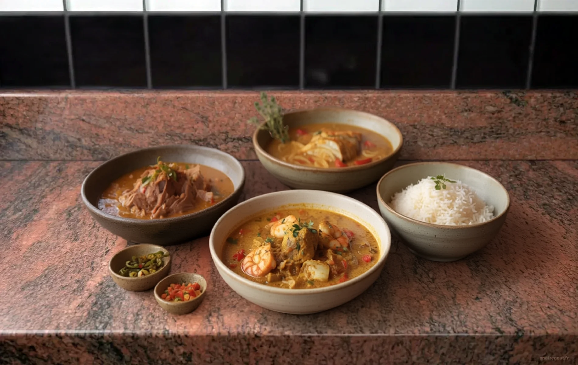Plusieurs caris réunionnais traditionnels servis dans des bols en céramique, avec cari poisson-crevettes, condiments créoles et riz blanc.