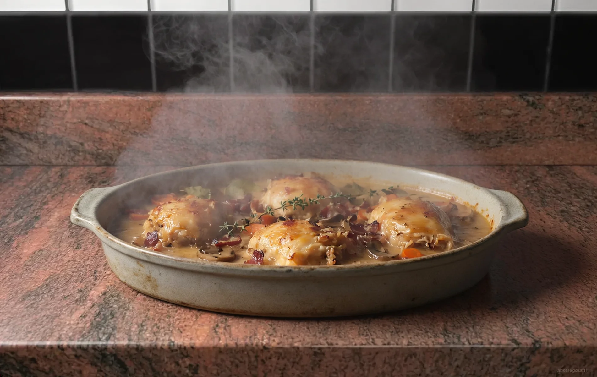 Cuisses de poulet mijot&eacute;es au cidre avec lardons, champignons et carottes dans une cocotte.