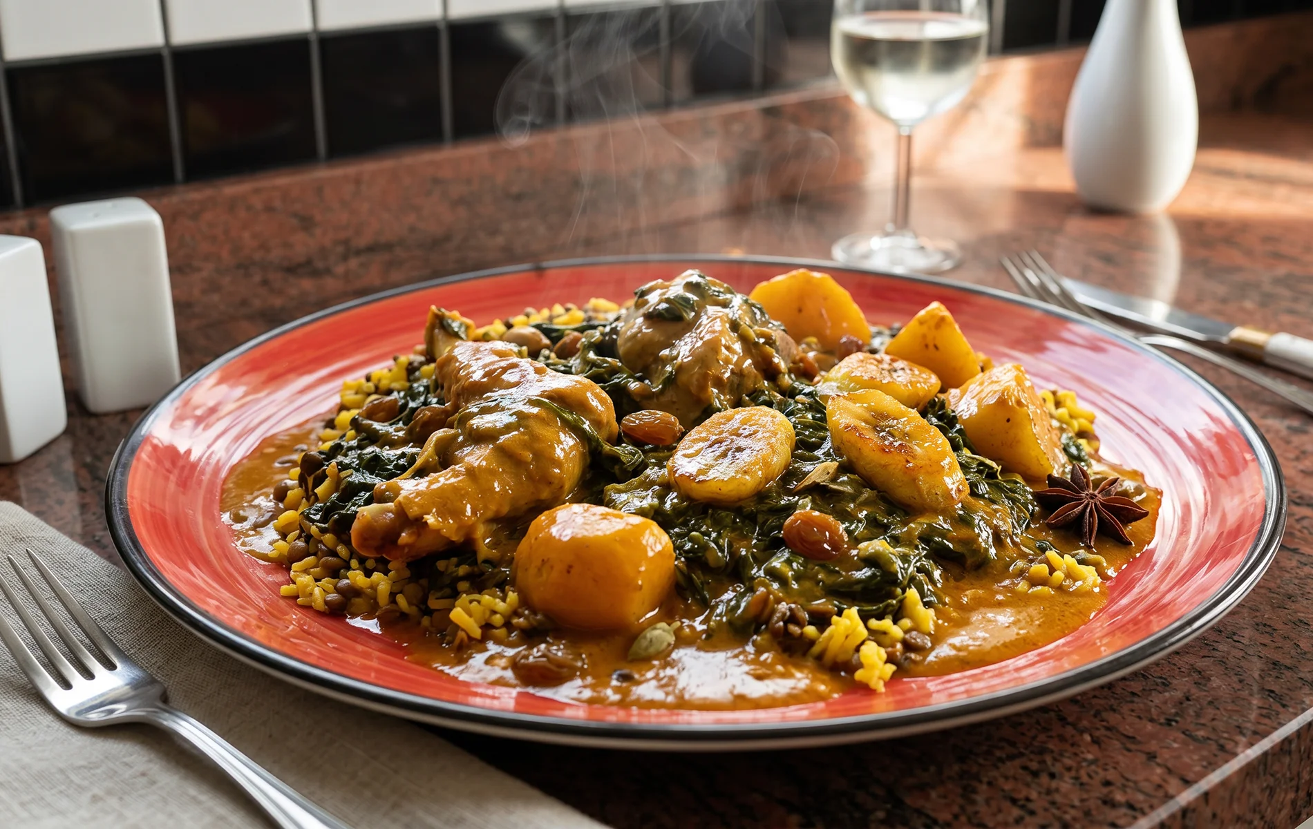 Curry d&rsquo;agneau cr&eacute;meux aux fruits servi avec riz &eacute;pic&eacute;.