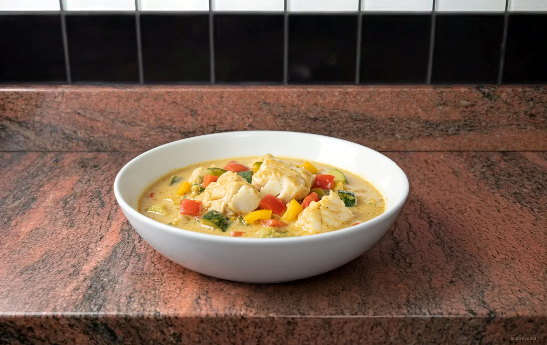 Curry de cabillaud au poivron et courgette dans une sauce cr&eacute;meuse au lait de coco, servi dans une assiette blanche.