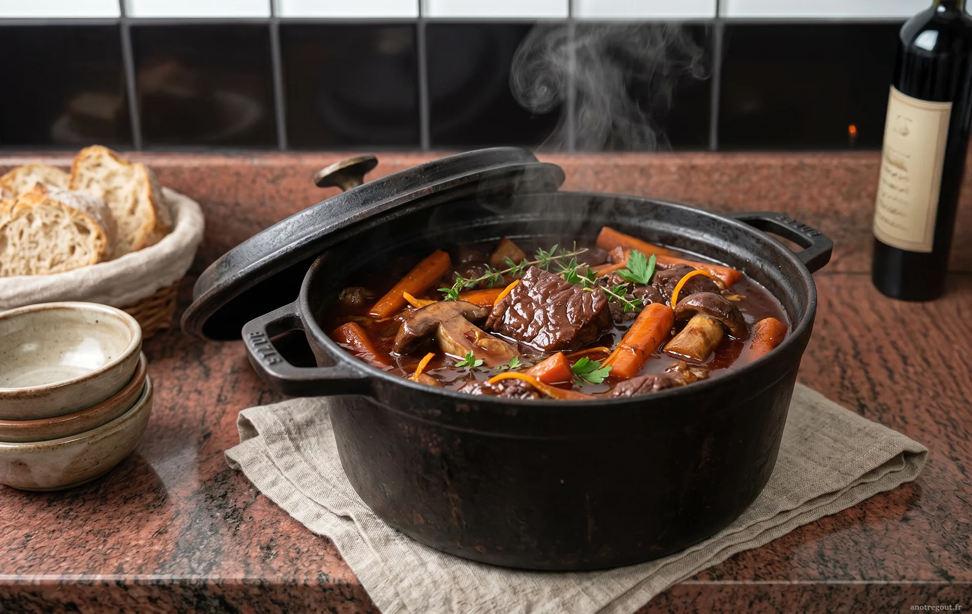 Daube ni&ccedil;oise fumante en cocotte avec viande au vin rouge, c&egrave;pes et zestes d&rsquo;orange.