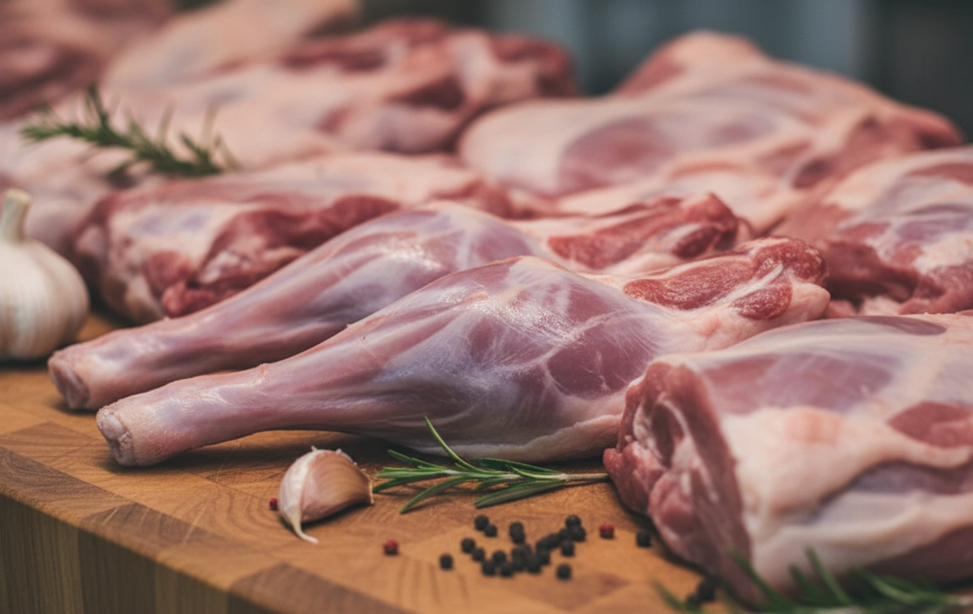 D&eacute;coupe de lapin cru sur planche en bois avec herbes aromatiques.