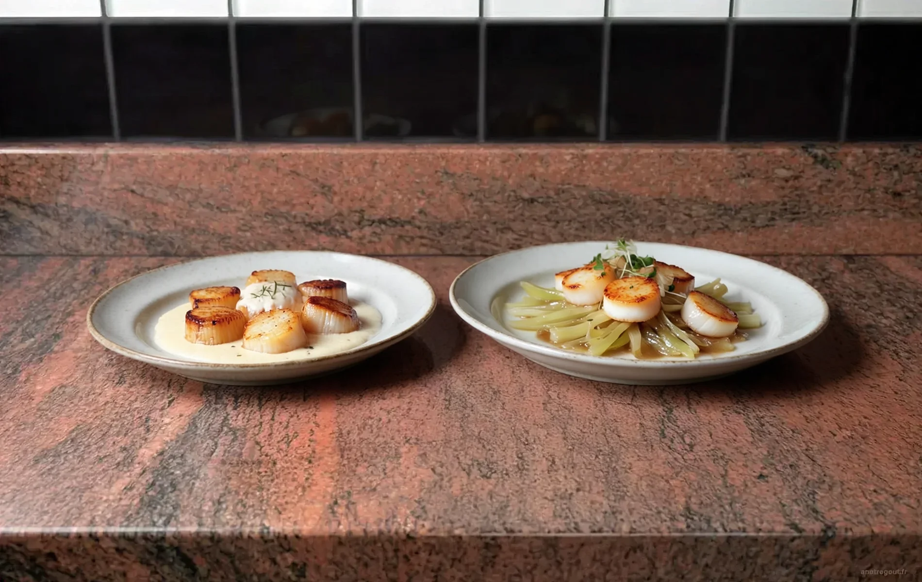 Deux recettes de noix de Saint-Jacques servies avec sauce &agrave; la cr&egrave;me et fondue de poireaux.