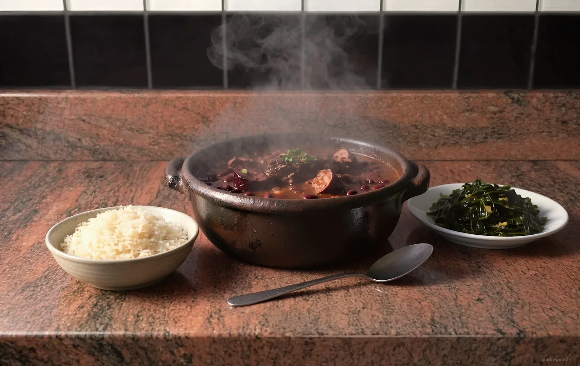Feijoada portugaise aux haricots rouges, viandes fum&eacute;es et riz blanc.