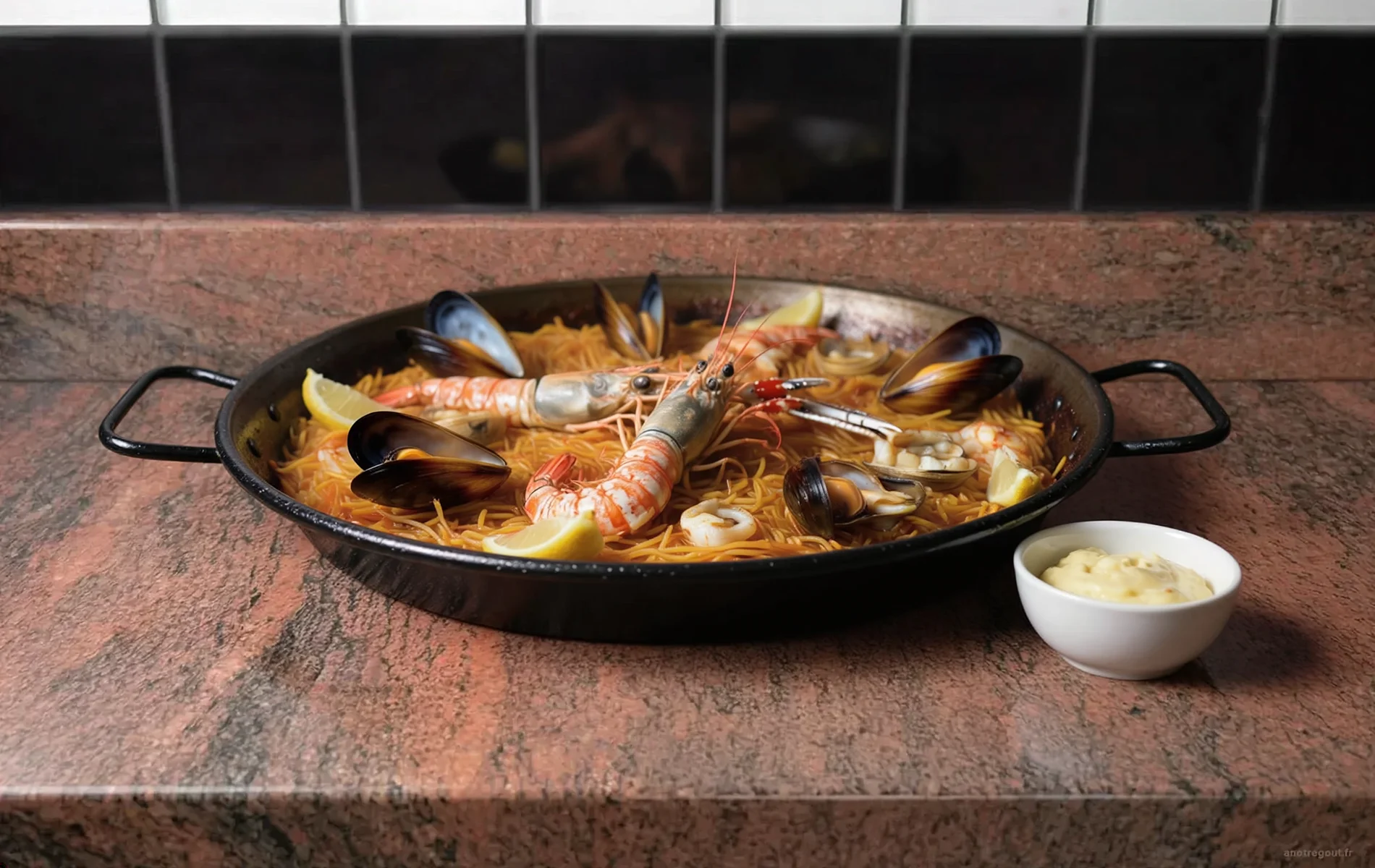 Fideu&agrave; espagnole aux fruits de mer servie avec a&iuml;oli.