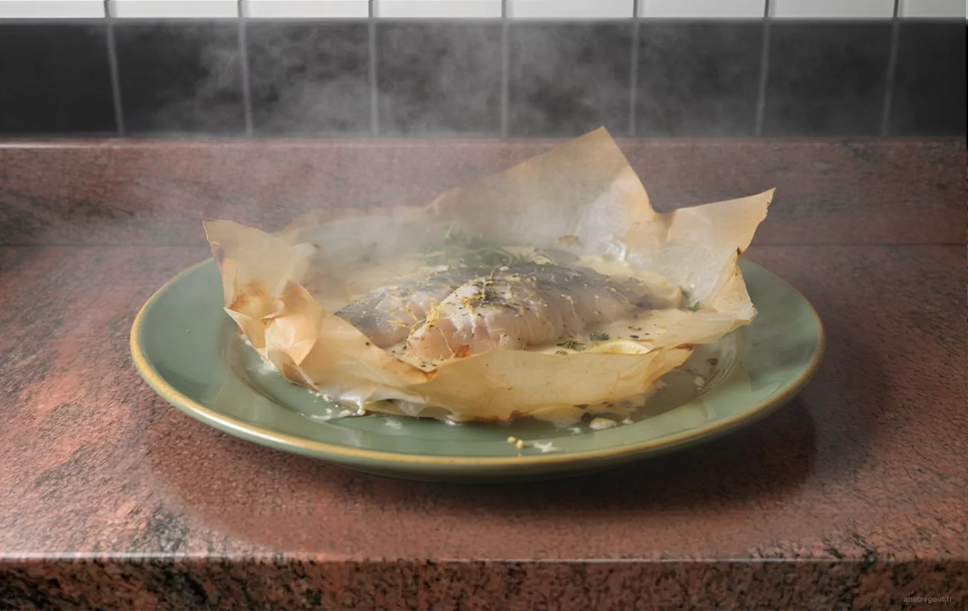 Filet de perche en papillote ouvert avec sauce cr&eacute;meuse &agrave; la moutarde et rondelles de citron, servi dans une assiette verte.
