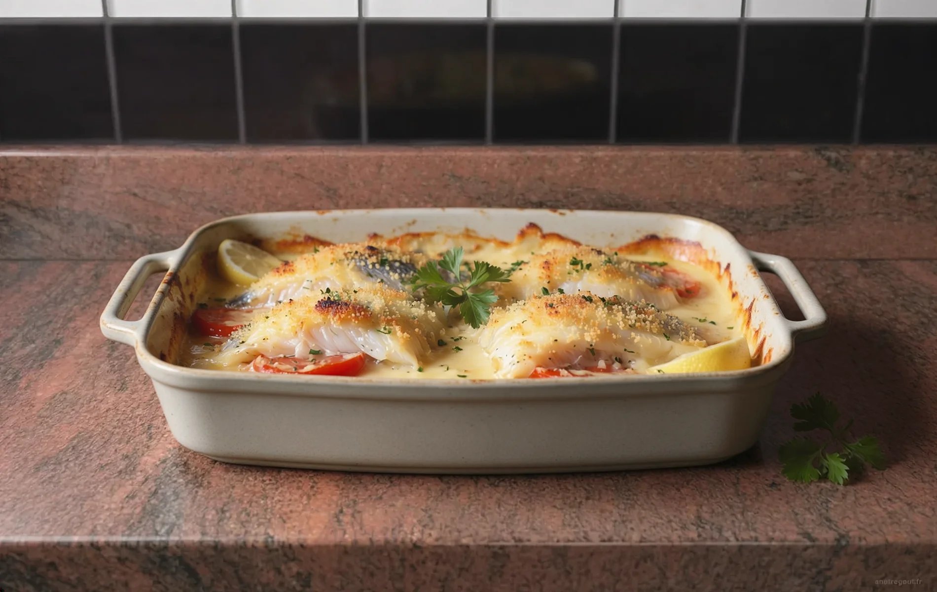 Filets de merlan gratin&eacute;s &agrave; la sauce moutarde avec tomates et chapelure dor&eacute;e, servis dans un plat au four.