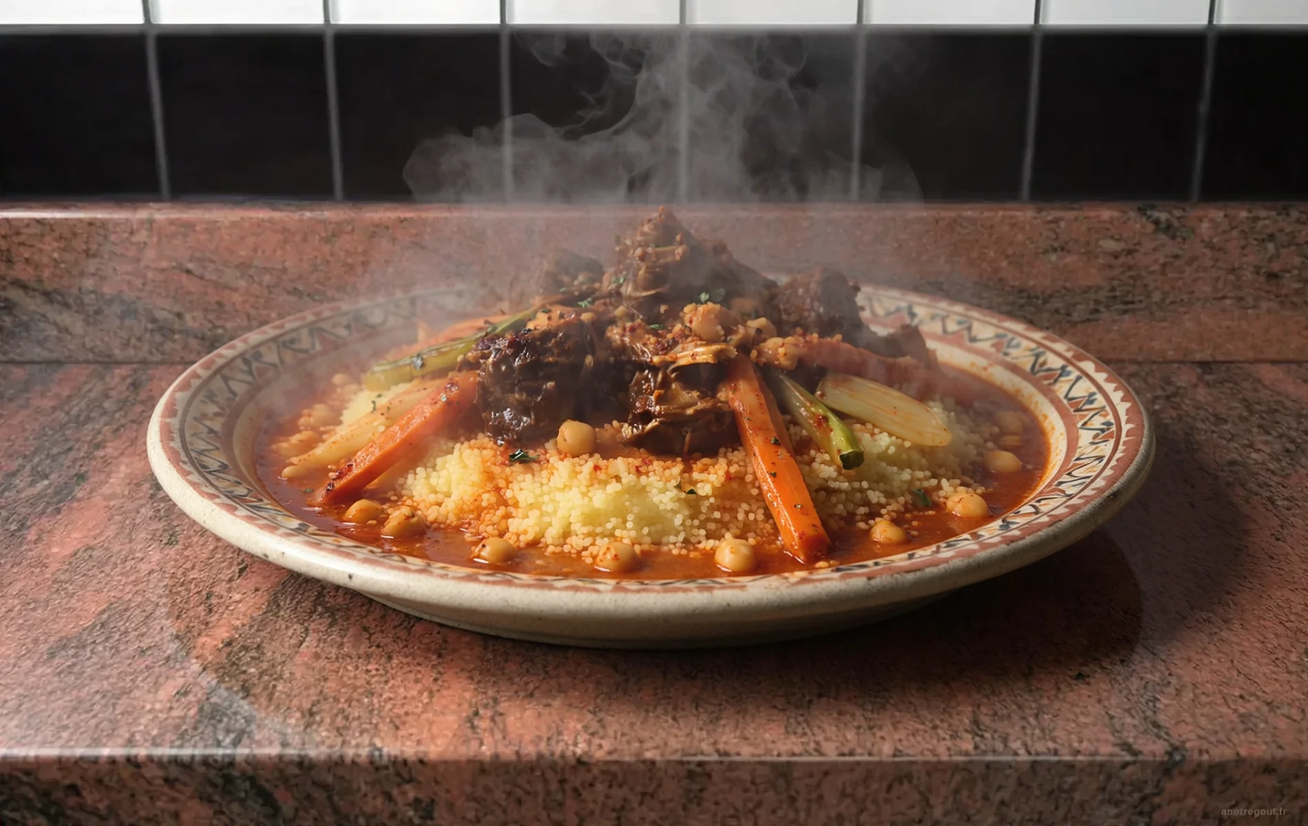 Grand couscous &agrave; l&rsquo;agneau avec l&eacute;gumes et semoule.