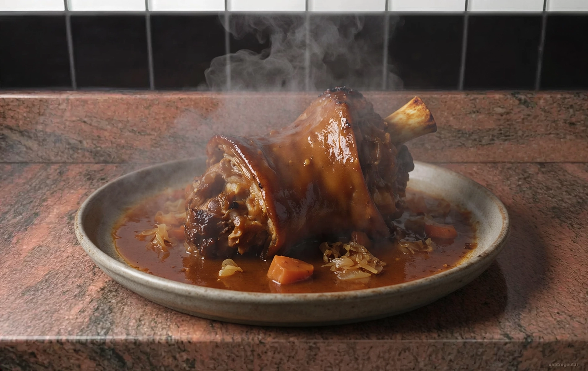Jarret de porc mijot&eacute; &agrave; la bi&egrave;re avec carottes et oignons