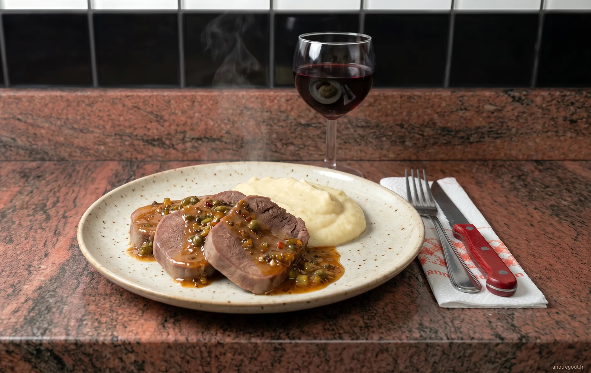 Langue de b&oelig;uf napp&eacute;e de sauce piquante aux c&acirc;pres avec pur&eacute;e de c&eacute;leri-rave.