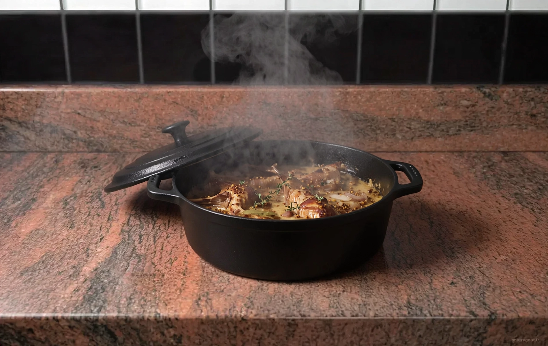 Cocotte de lapin à la moutarde fumante.