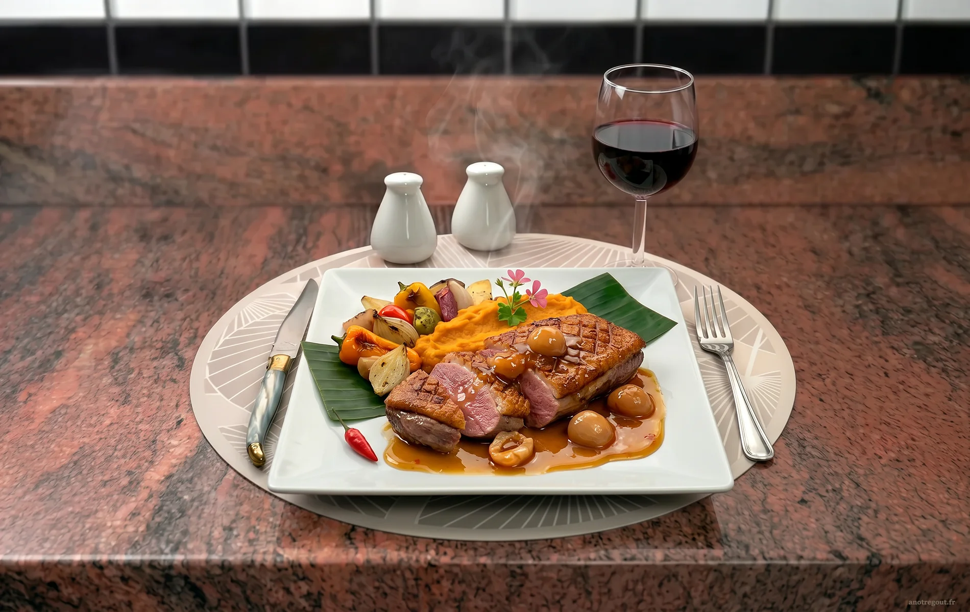 Magret de canard ros&eacute; servi avec sauce aux letchis de la R&eacute;union et pur&eacute;e de patate douce.