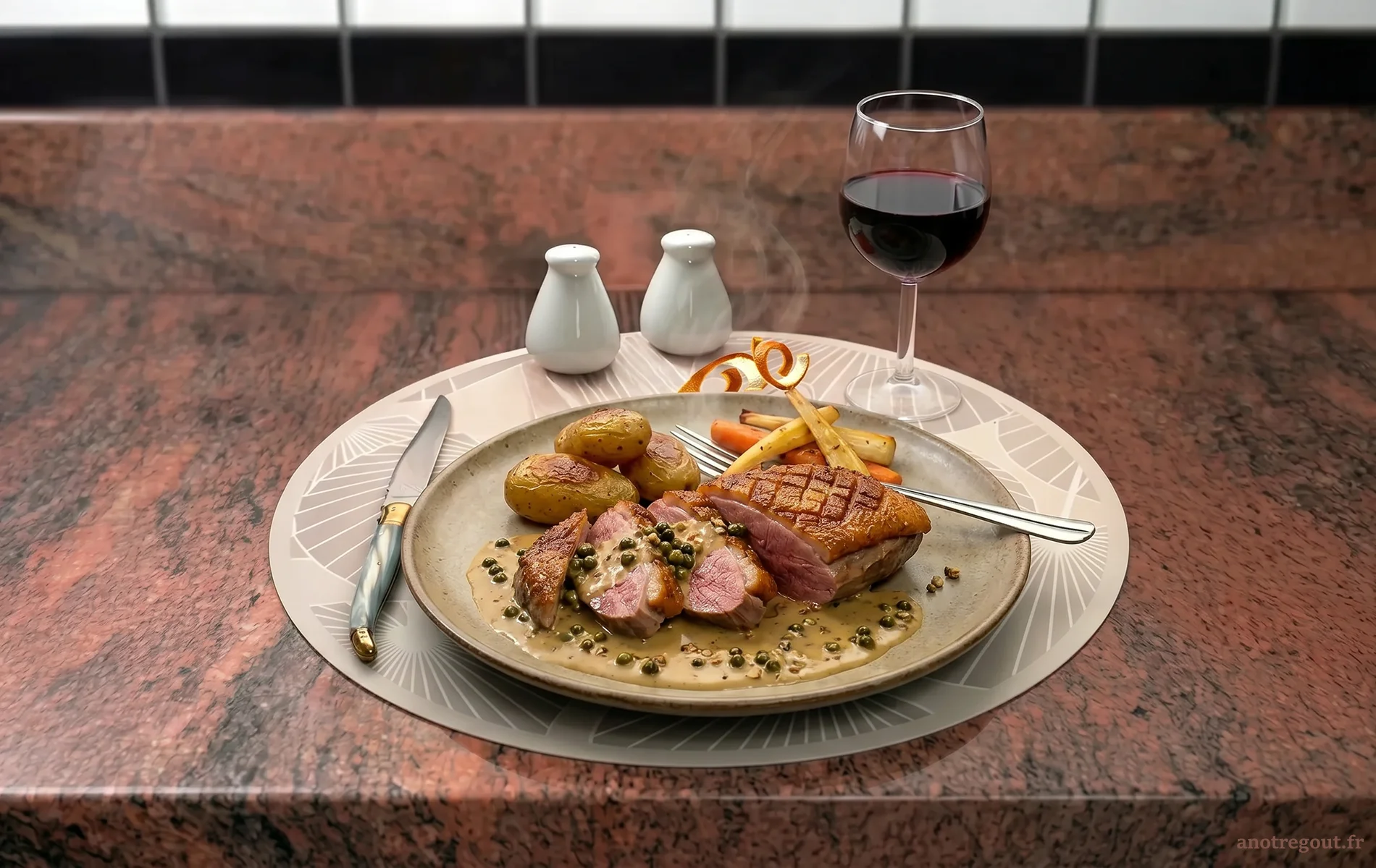 Magret de canard ros&eacute; servi avec sauce cr&eacute;meuse au poivre vert, pommes de terre et l&eacute;gumes r&ocirc;tis.