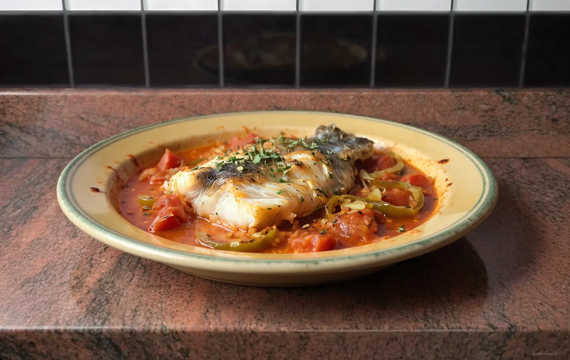Filet de merlu au four avec tomates, piments et herbes dans un jus de cuisson