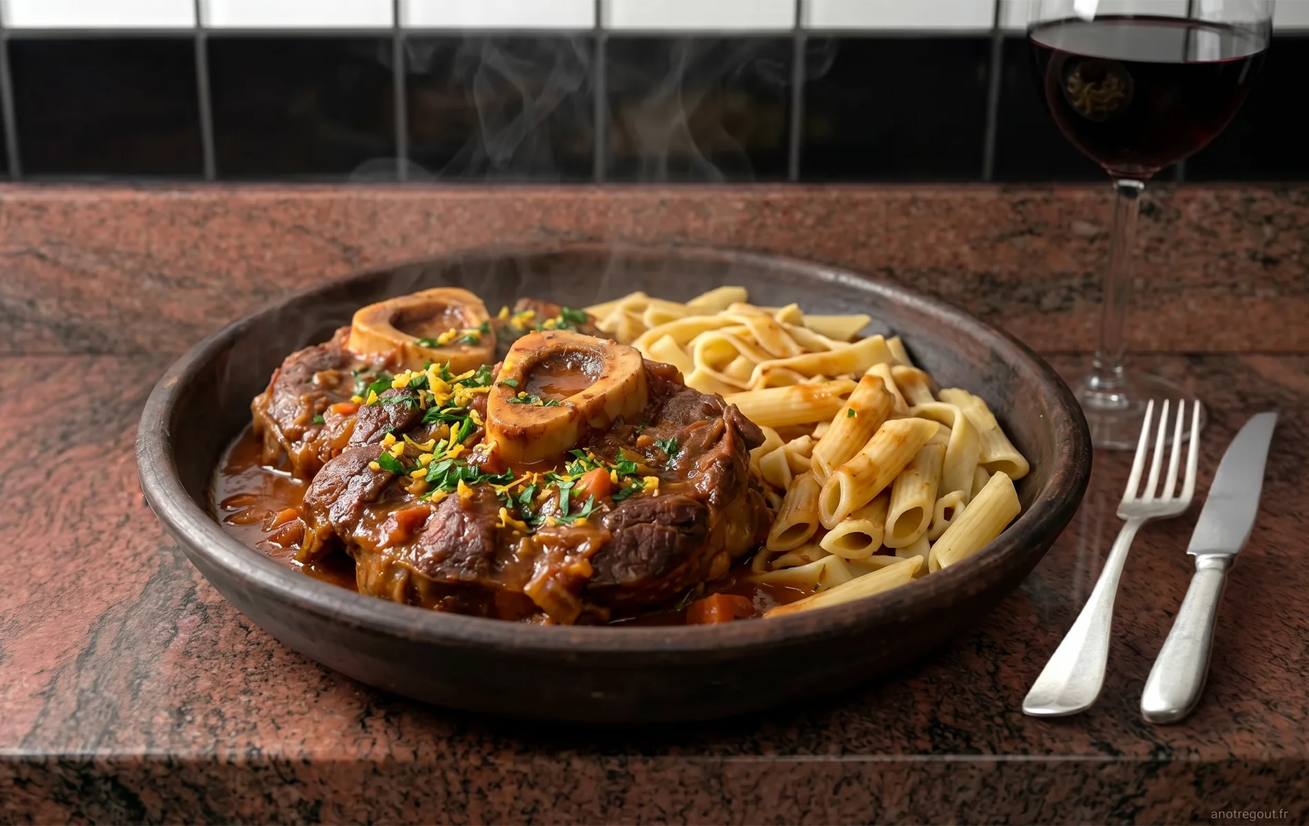 Osso buco milanais avec jarret de veau, os &agrave; moelle et p&acirc;tes fra&icirc;ches.