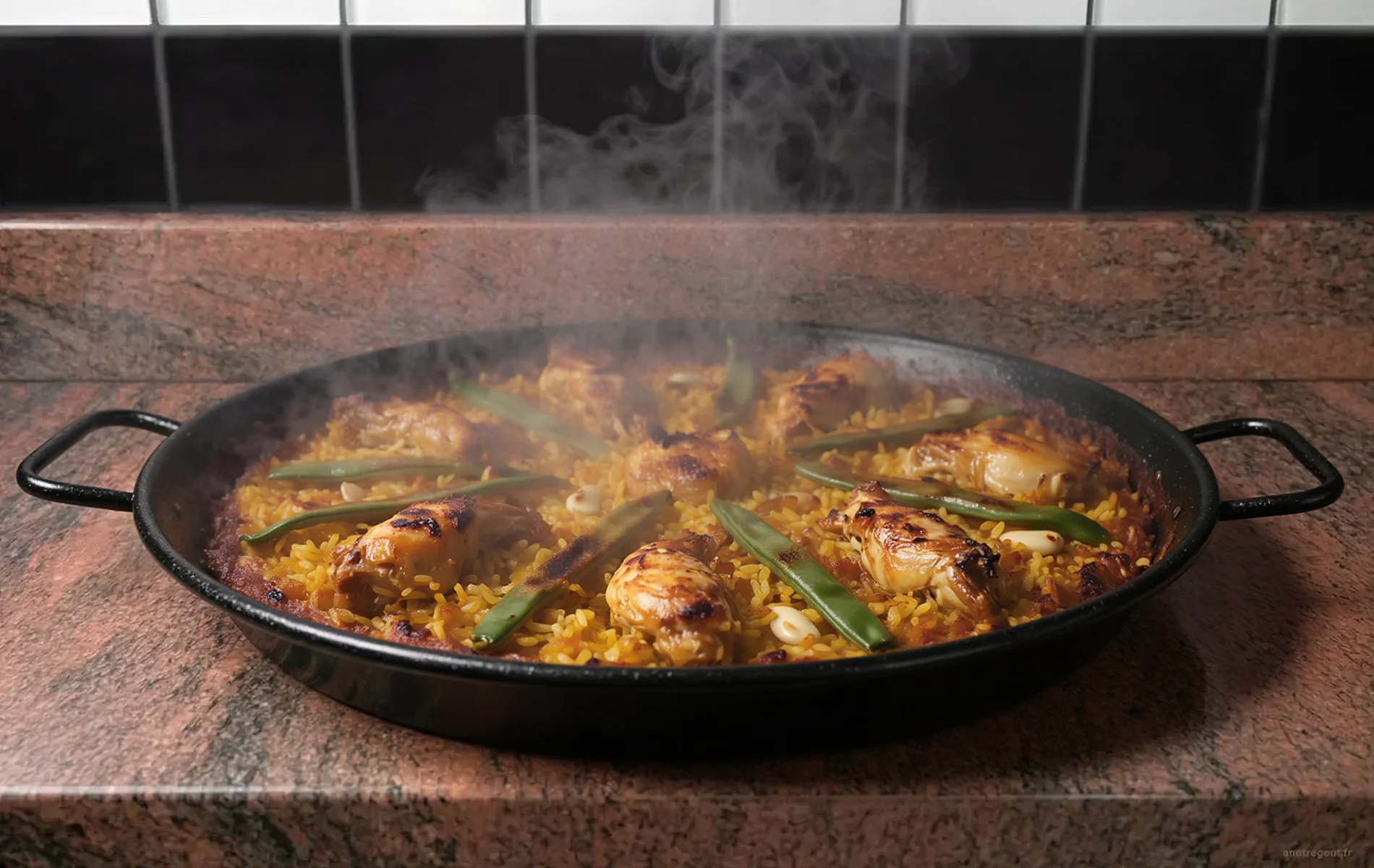 Paella Valenciana traditionnelle au poulet, lapin et haricots verts plats.