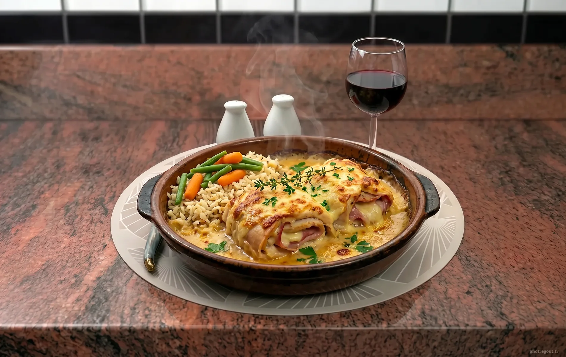 Paupiettes de poulet au jambon gratin&eacute;es servies avec riz et l&eacute;gumes.
