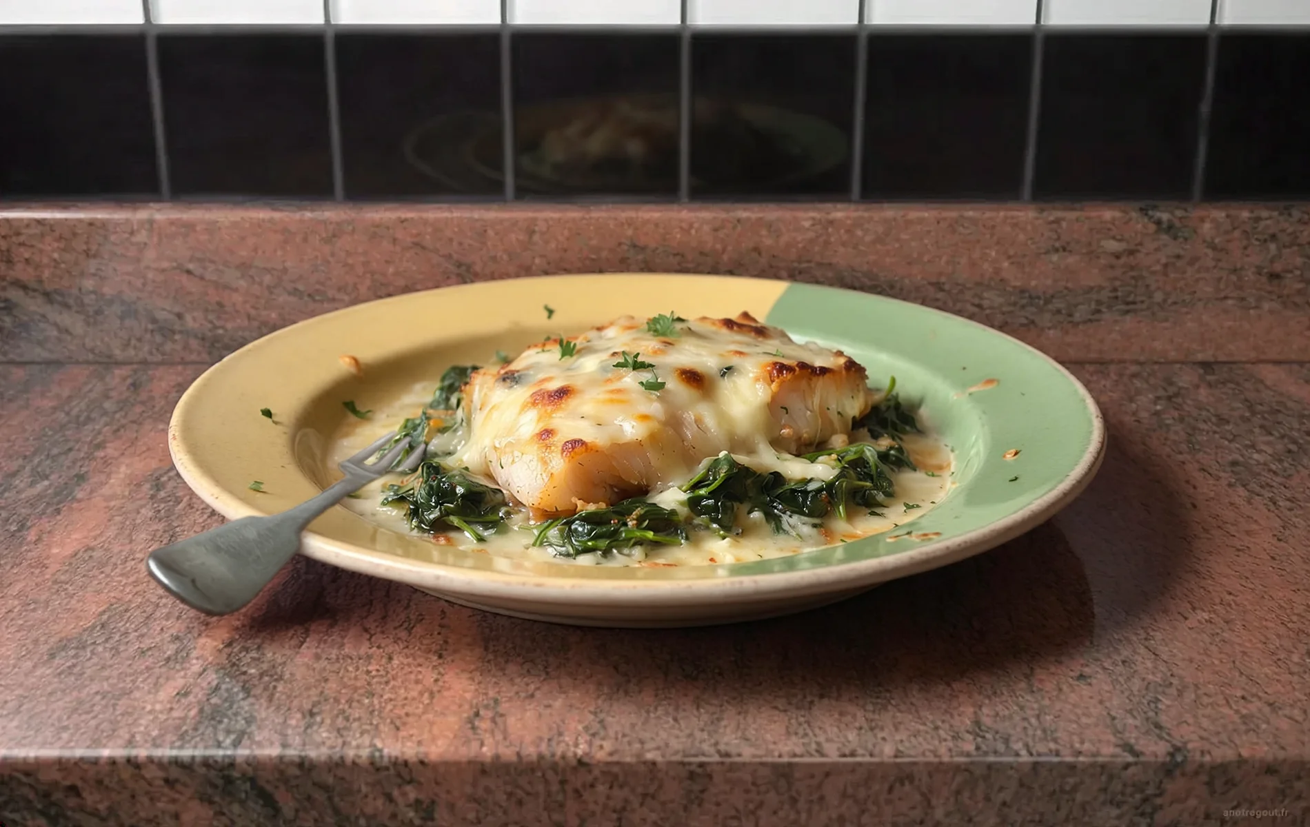 Poisson &agrave; la florentine gratin&eacute;, servi sur lit d&rsquo;&eacute;pinards avec sauce cr&eacute;meuse