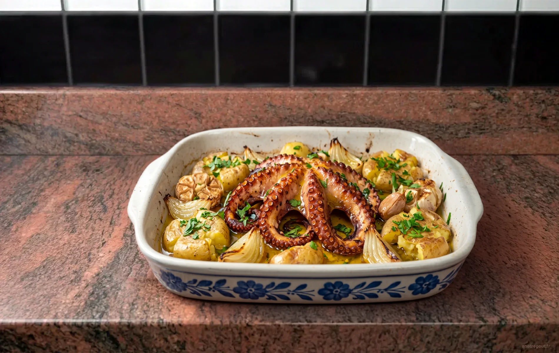 Poulpe &agrave; lagareiro r&ocirc;ti au four avec pommes de terre &eacute;cras&eacute;es, ail confit et oignons servis dans un plat en c&eacute;ramique portugaise.