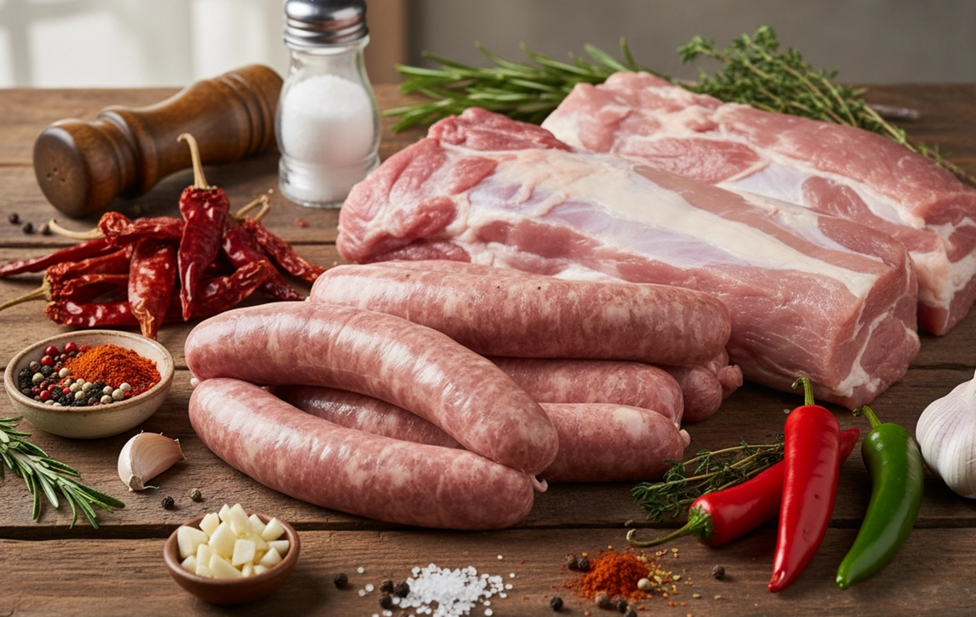 Saucisses fra&icirc;ches et viande de porc crue avec &eacute;pices et herbes sur table en bois.