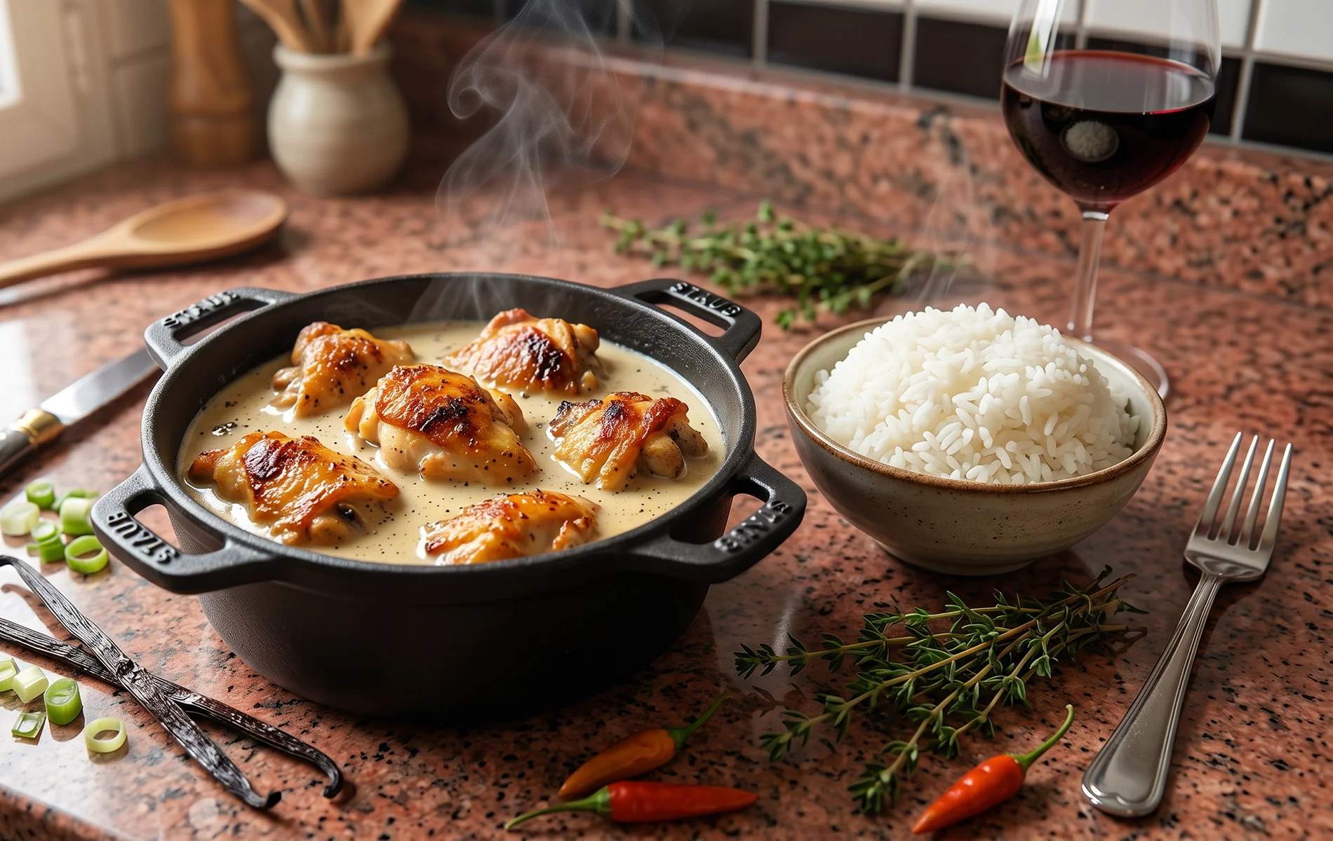 Poulet à la crème de vanille servi dans une cocotte noire avec riz blanc, gousses de vanille, thym frais et sauce crémeuse légèrement fumante.