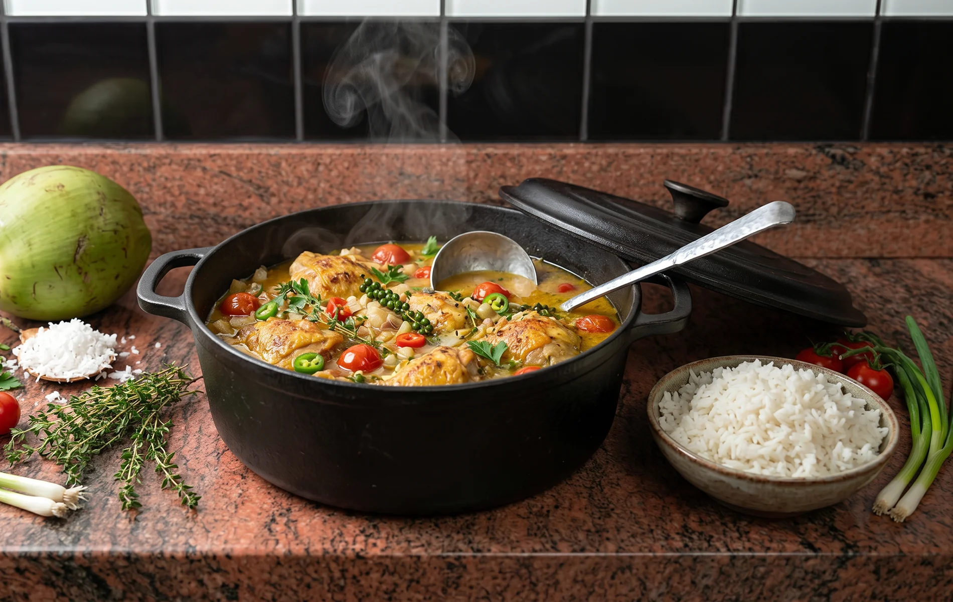 Poulet coco créole servi dans une cocotte avec riz blanc et sauce au lait de coco.