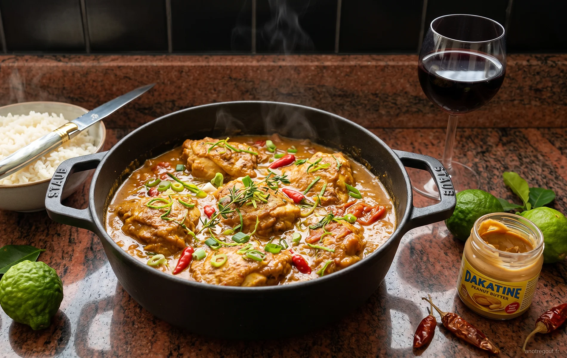 Cari de poulet Dakatine au combawa servi dans une cocotte avec riz blanc.