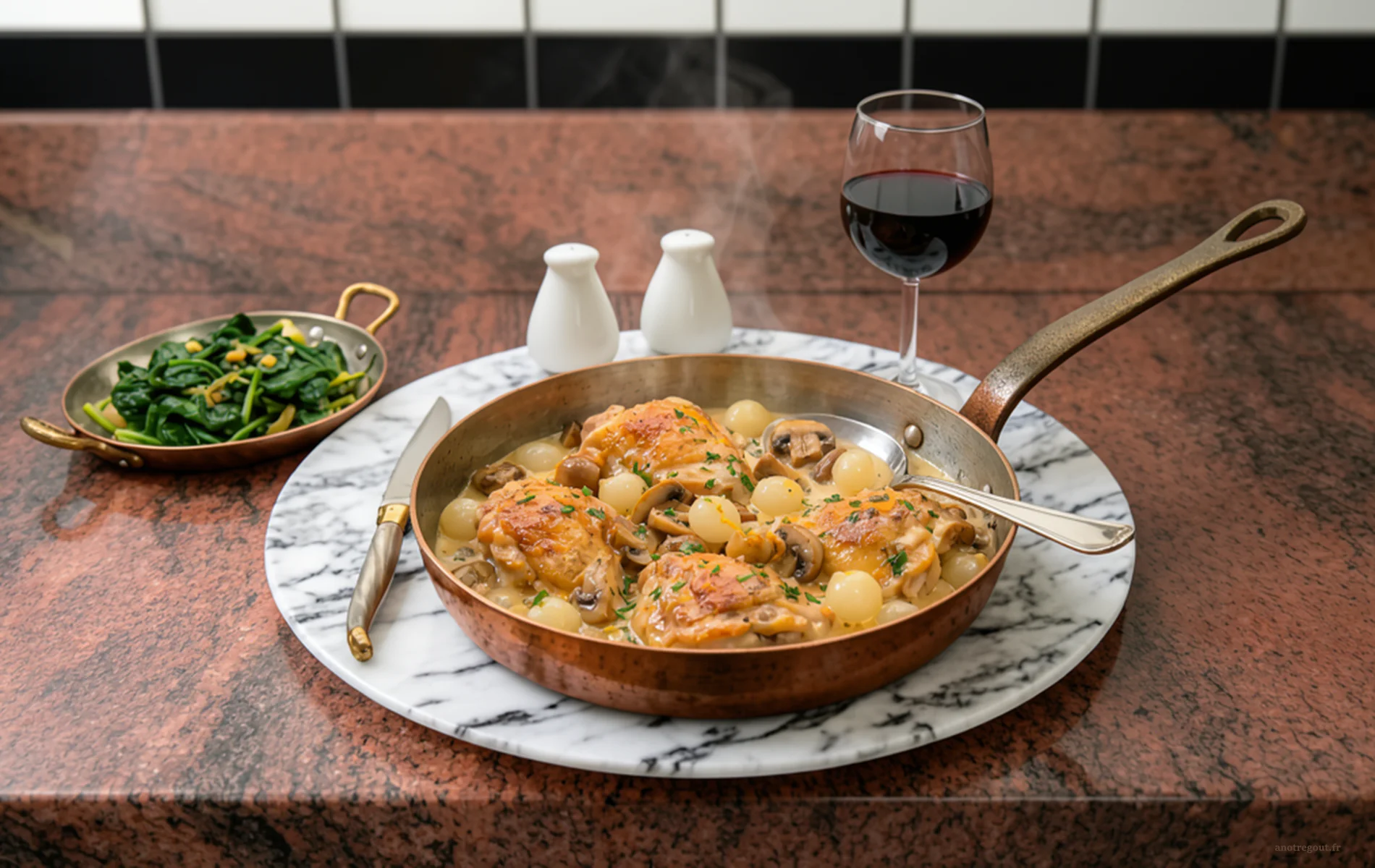Poulet de Bresse à la crème servi dans une sauteuse en cuivre avec champignons, petits oignons et épinards.