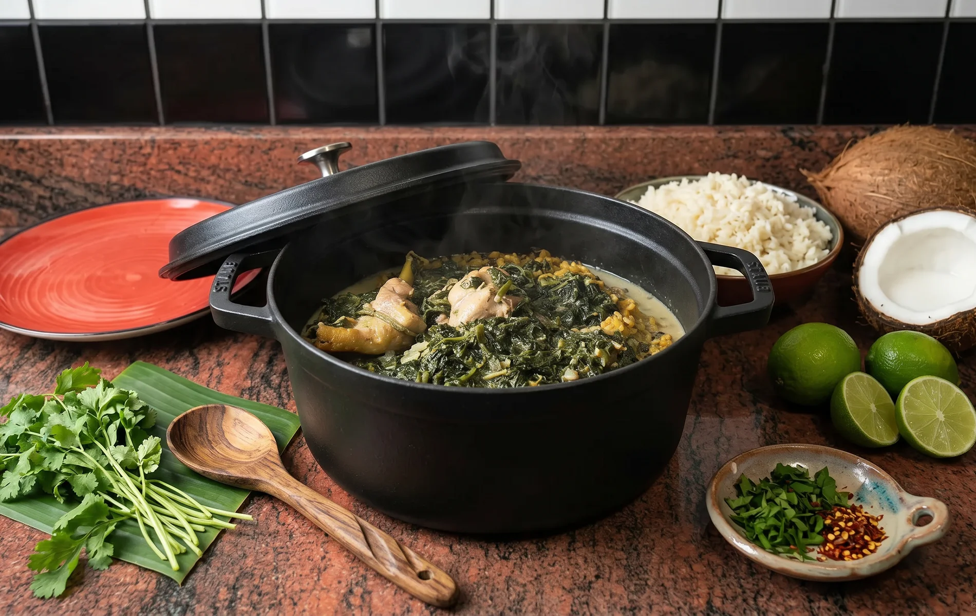 Poulet fafa au lait de coco servi avec riz blanc et &eacute;pinards fondants.