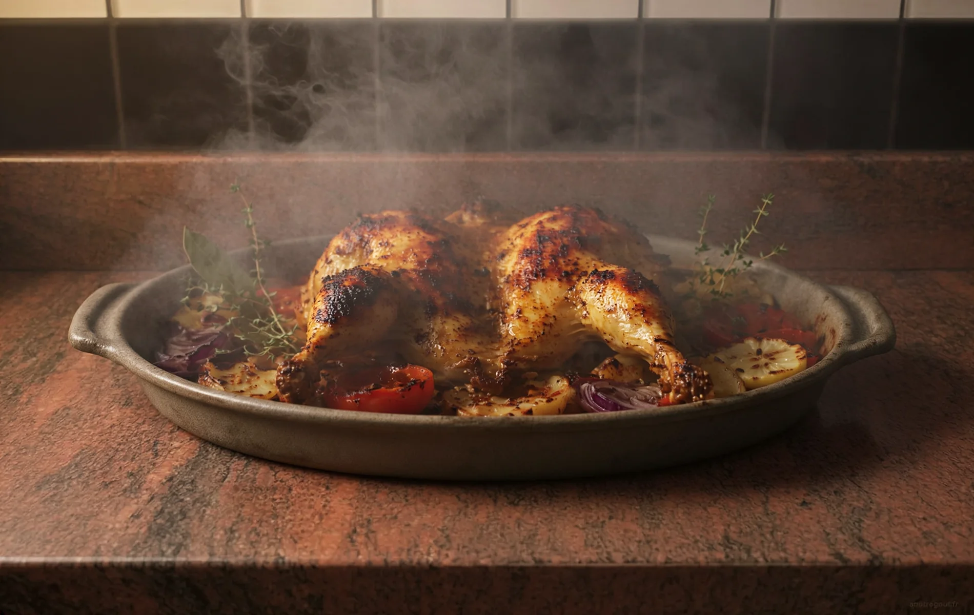 Poulet portugais grillé façon frango de churrasco avec légumes rôtis et citron.
