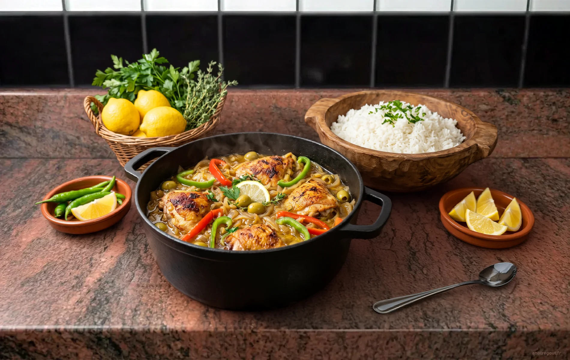 Plat de poulet yassa servi avec du riz blanc, citron et piments verts sur un plan de travail de cuisine.