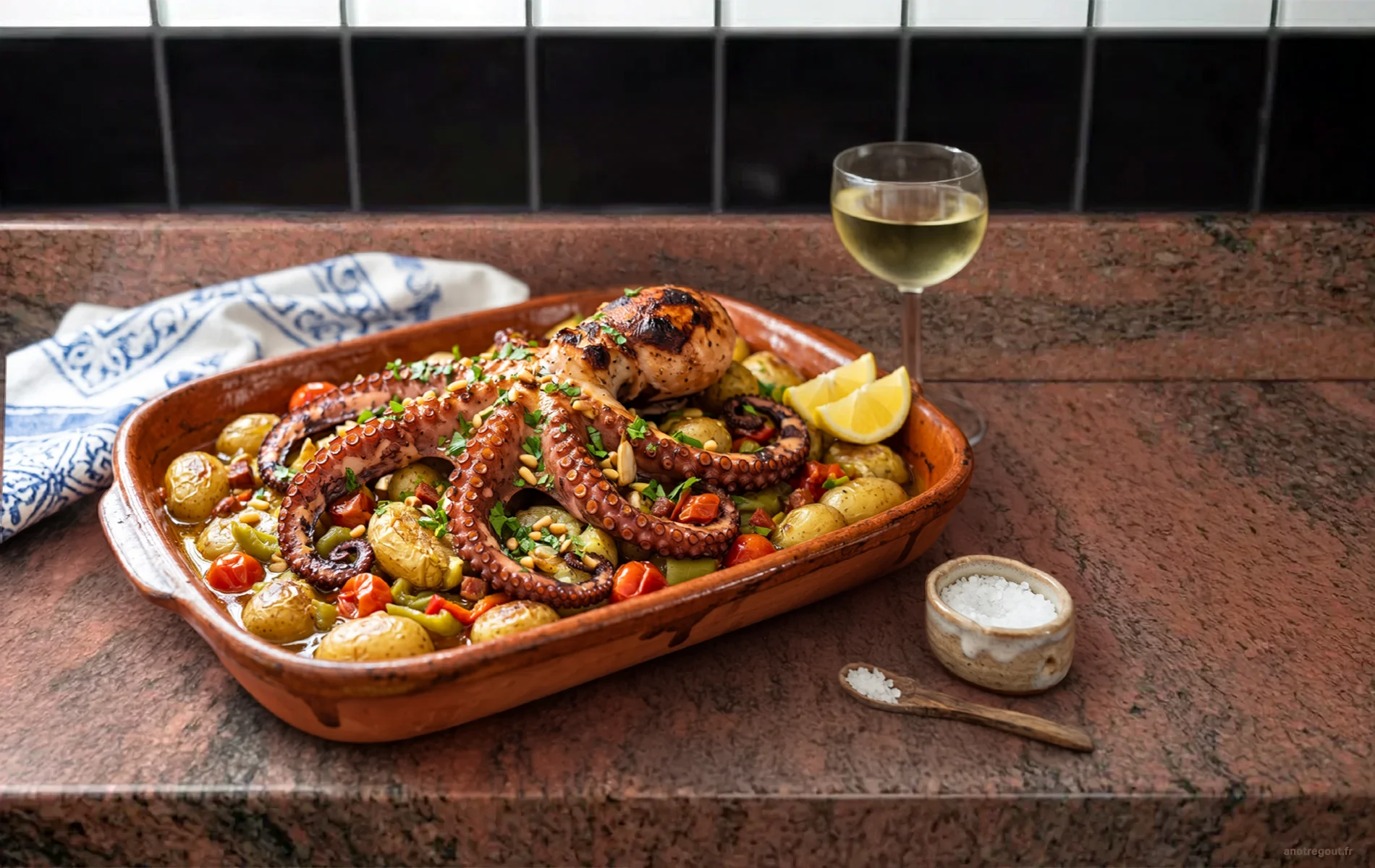 Poulpe r&ocirc;ti au four &agrave; la portugaise avec pommes de terre grenaille, tomates, poivrons et huile d&rsquo;olive servi dans un plat en terre cuite.