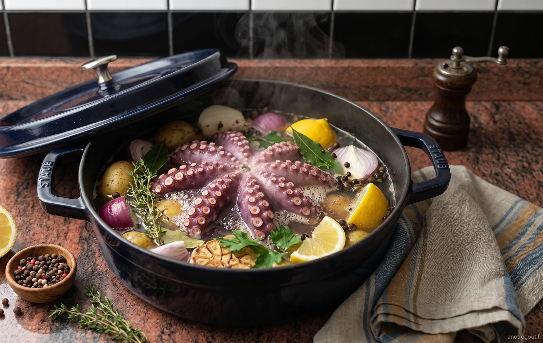 Poulpe en cuisson dans une cocotte avec citron, oignons, pommes de terre et aromates avant pr&eacute;paration culinaire.