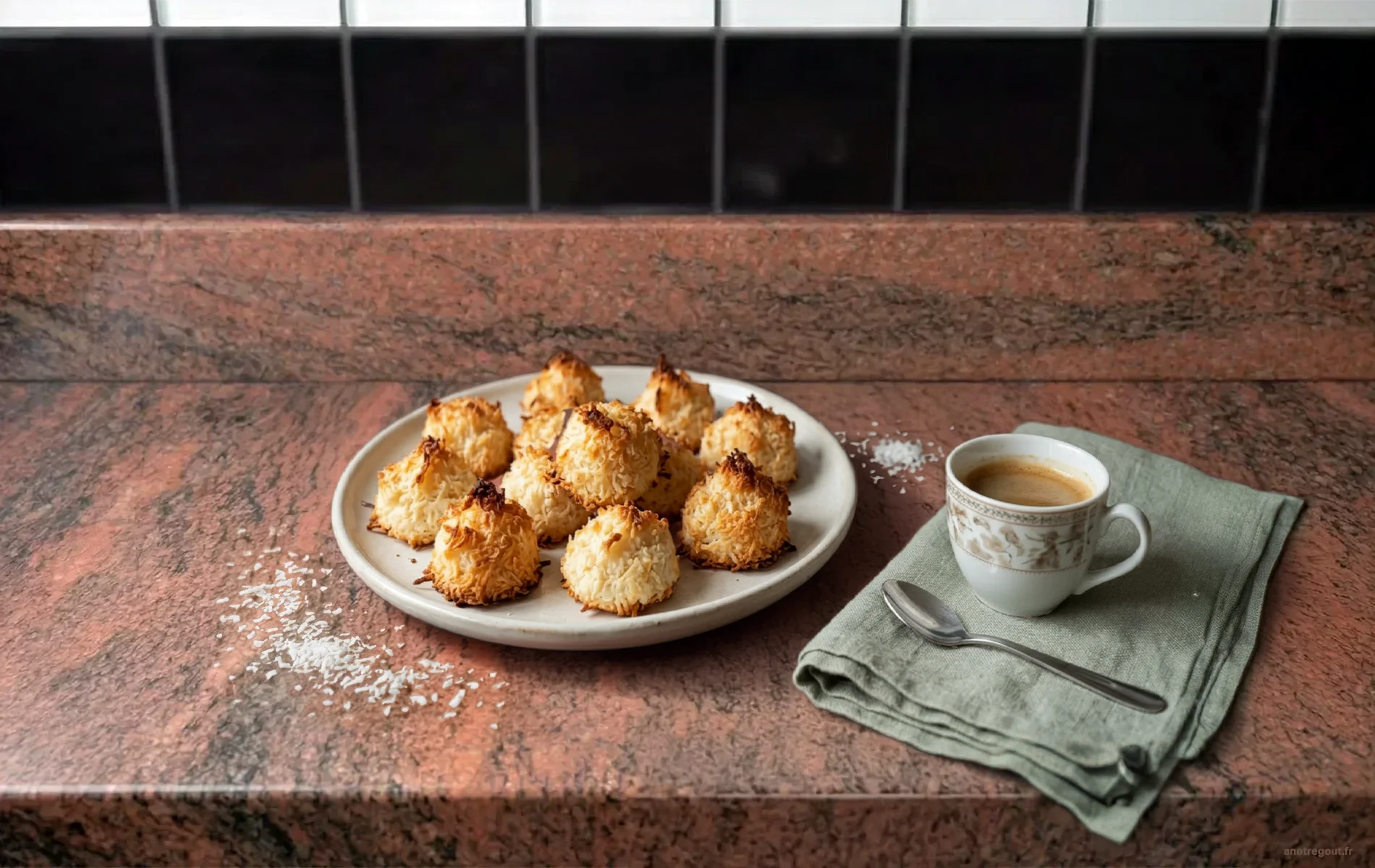 Rochers coco maison dor&eacute;s &agrave; l&rsquo;ext&eacute;rieur et moelleux &agrave; l&rsquo;int&eacute;rieur, pr&eacute;sent&eacute;s avec de la noix de coco r&acirc;p&eacute;e et une tasse de caf&eacute;.