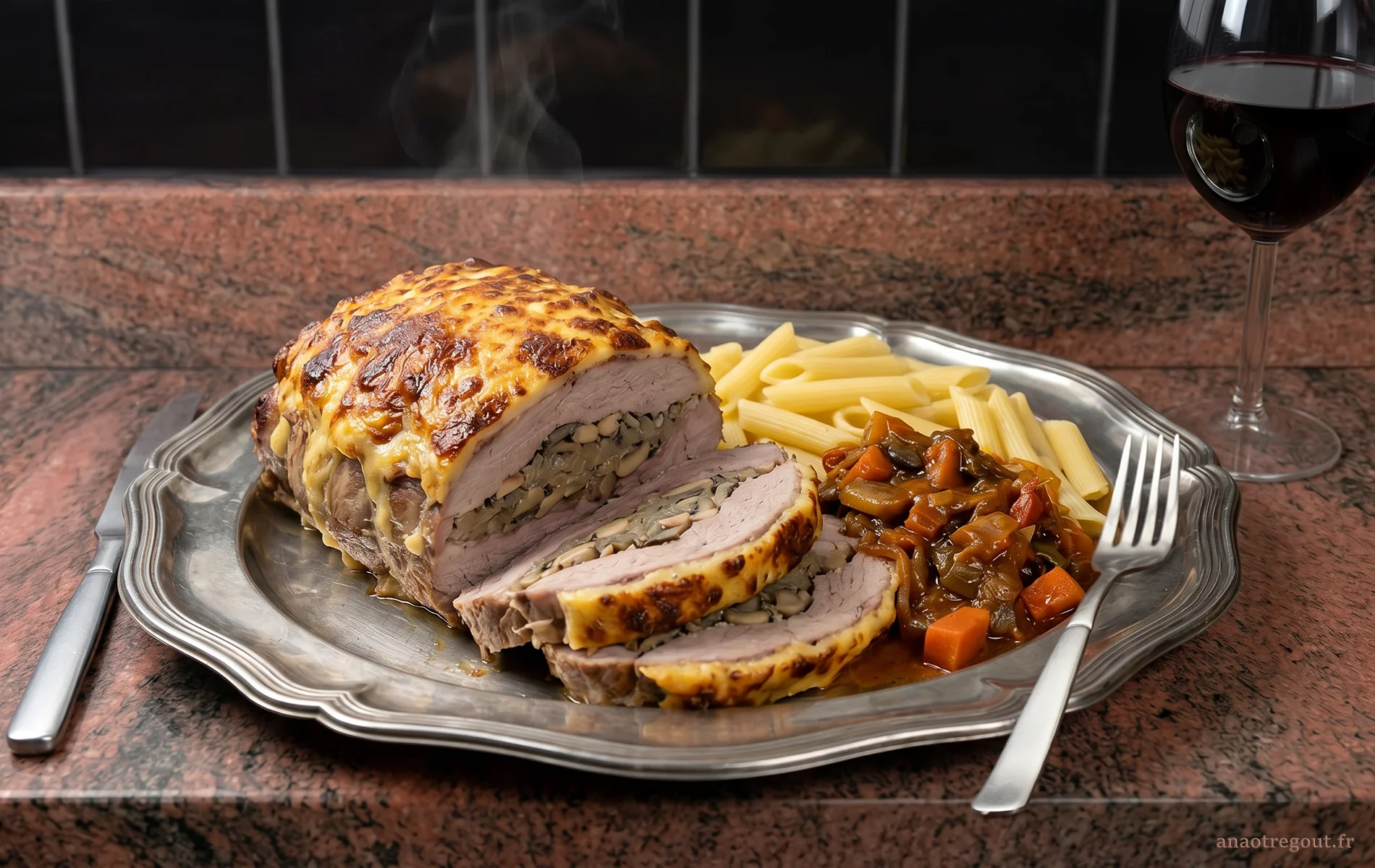 R&ocirc;ti de veau Orloff gratin&eacute; servi en tranches.
